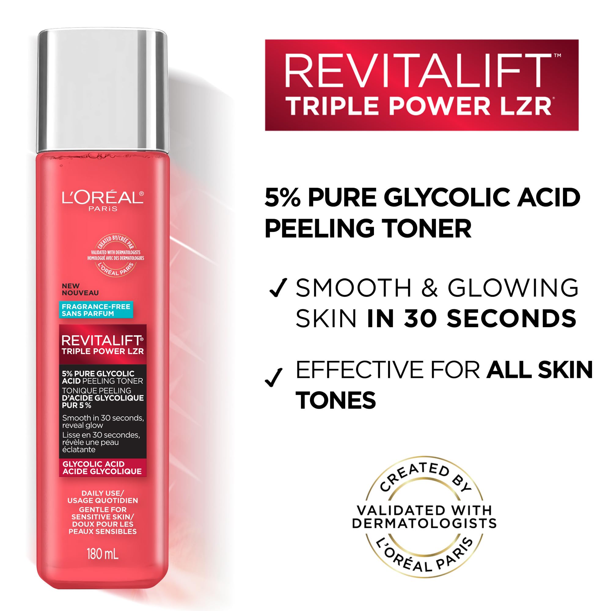 L'Oreal Paris Revitalift 5% Glycolic Toner with Aloe Vera – Fragrance Free, Alcohol Free, 6 oz