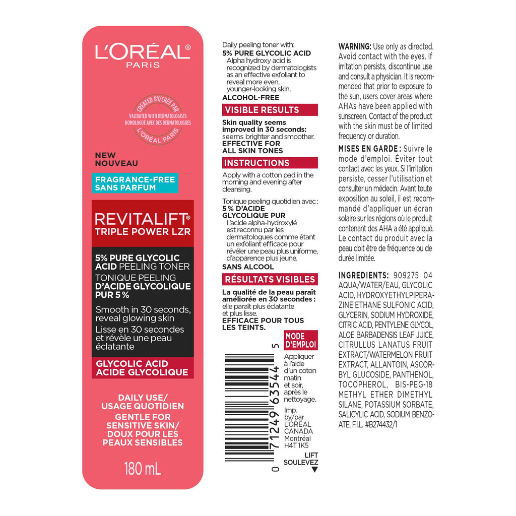 L'Oreal Paris Revitalift 5% Glycolic Toner with Aloe Vera – Fragrance Free, Alcohol Free, 6 oz