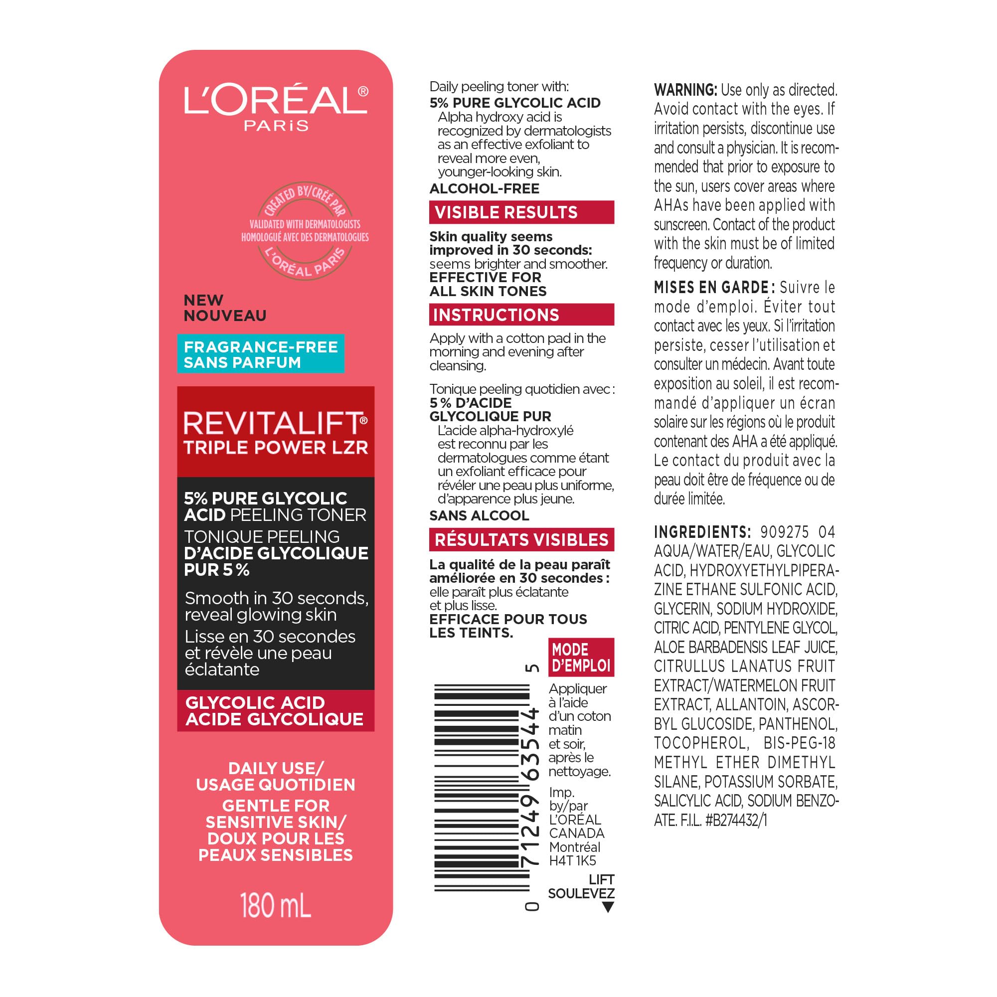 L'Oreal Paris Revitalift 5% Glycolic Toner with Aloe Vera – Fragrance Free, Alcohol Free, 6 oz