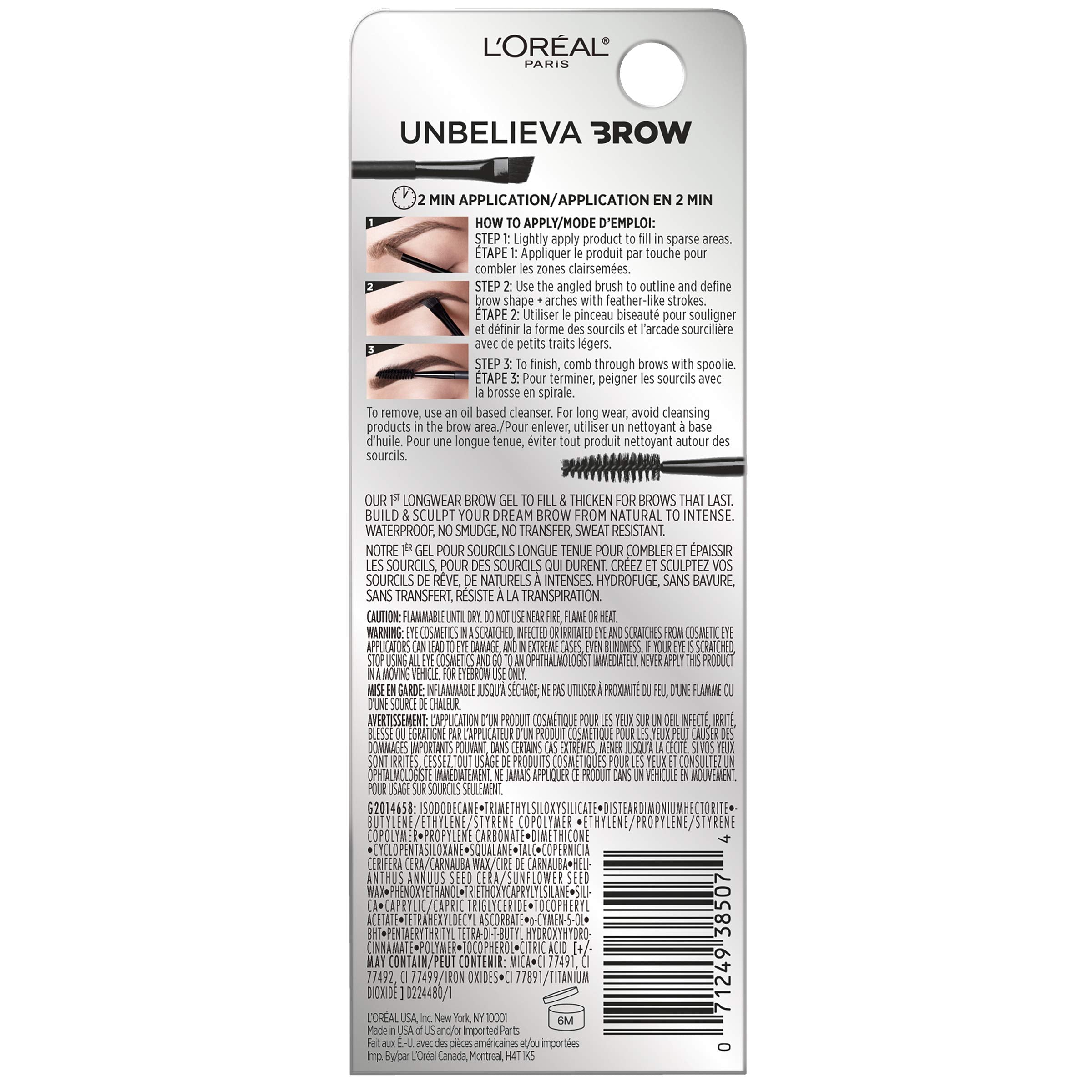 L'Oréal Paris Unbelieva-Brow Longwear Waterproof Tinted Brow Gel - Black, 0.15 fl oz