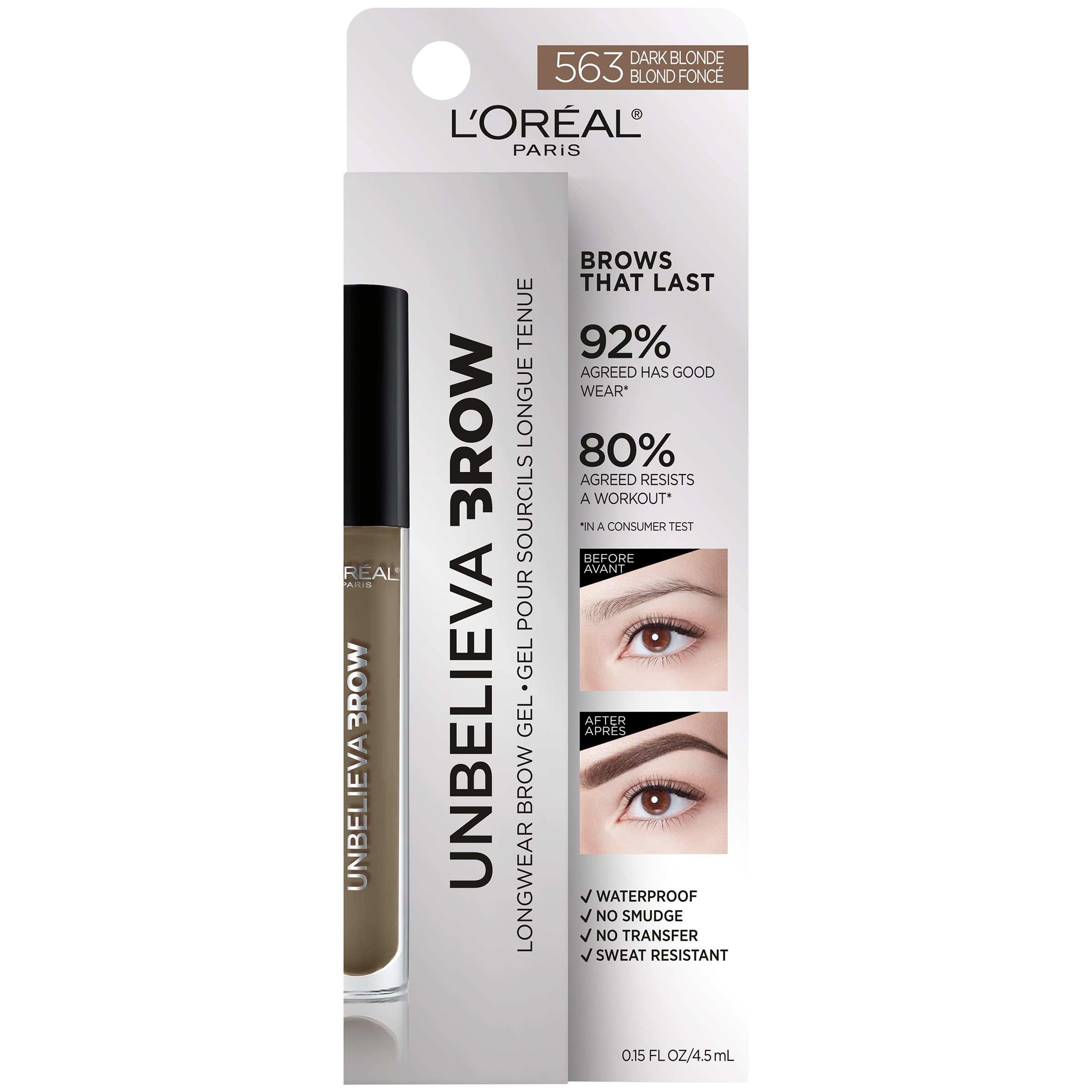 L'Oreal Paris Unbelieva-Brow Longwear Waterproof Tinted Brow Gel – Smudge-Resistant, Quick-Drying, Dark Blonde 0.15 fl oz