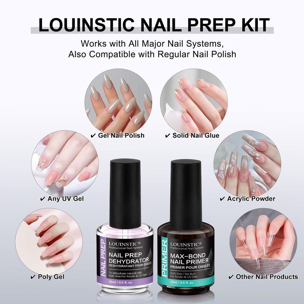 LOUINSTIC HEMA-Free Nail Dehydrator & Primer for Gel Polishes (2x15mL) with Chrome Powder