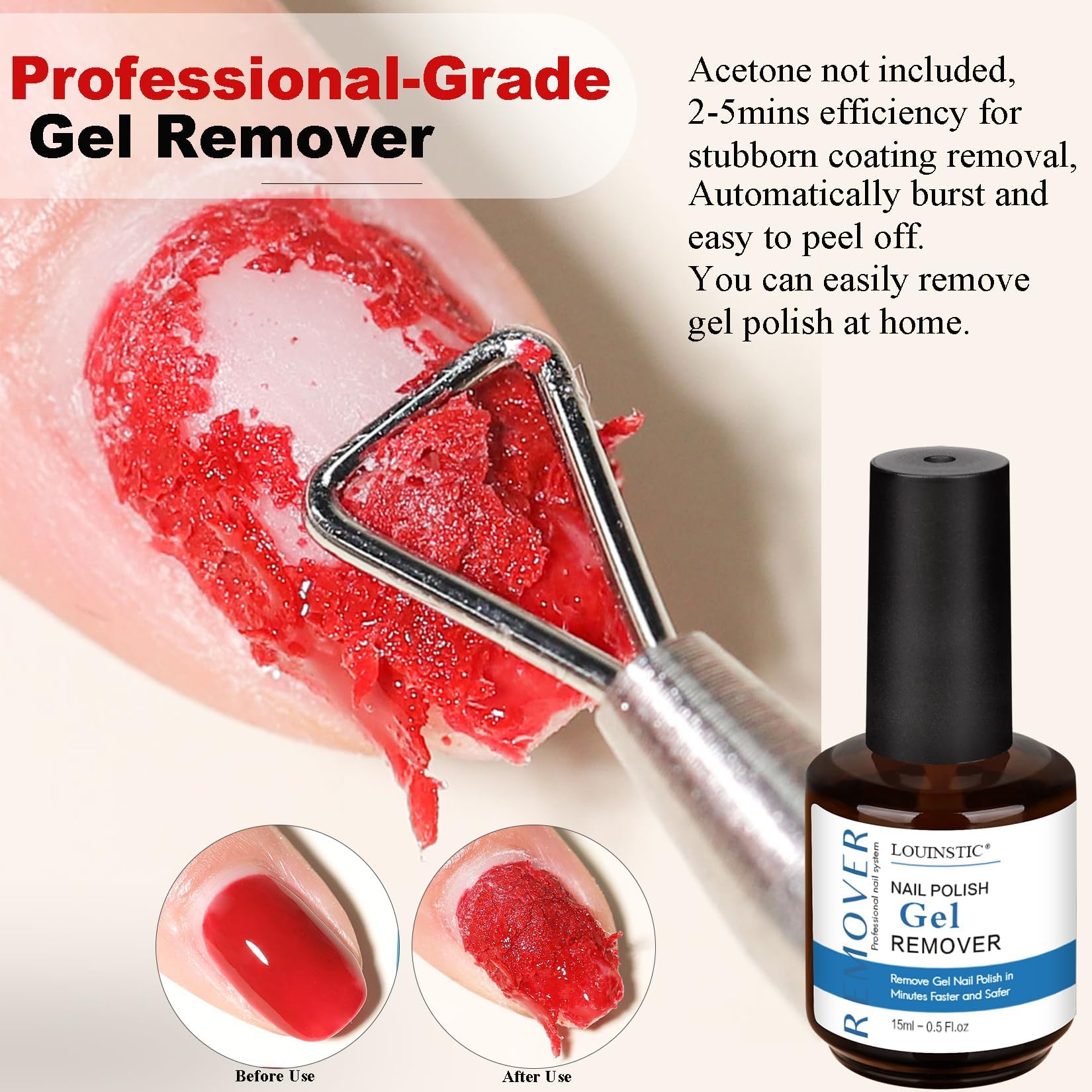 LOUINSTIC Gel Nail Polish Remover Kit – 2x15ml, Cuticle Pusher & Nail File