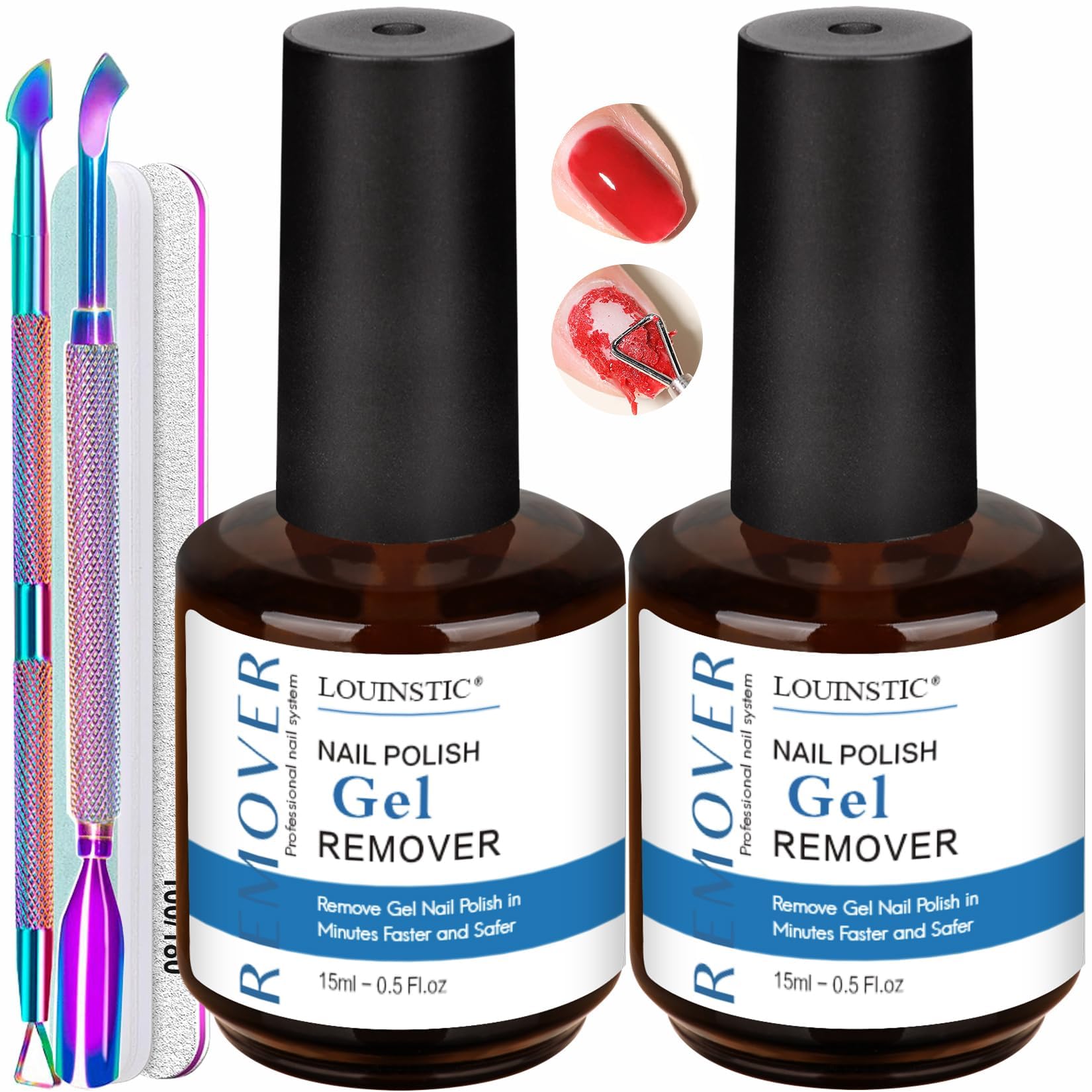 LOUINSTIC Gel Nail Polish Remover Kit – 2x15ml, Cuticle Pusher & Nail File