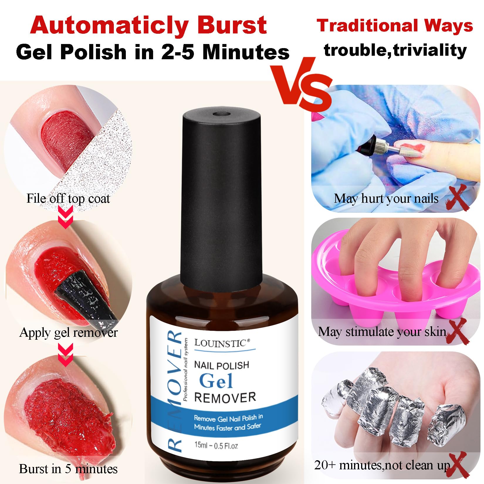 LOUINSTIC Gel Nail Polish Remover Kit — Quick, Acetone-Free Removal in 2–5 Minutes