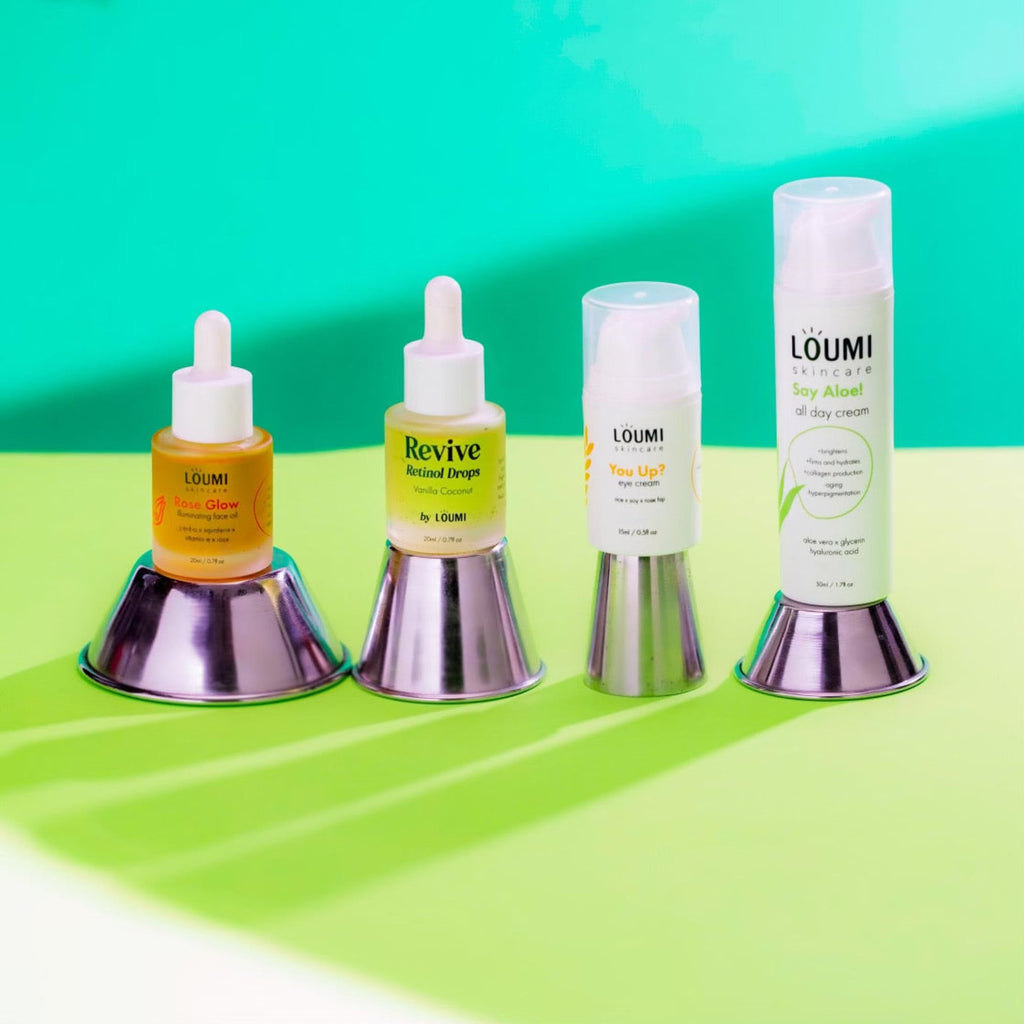 LOUMI Skincare The Glow Pack – Hydrating All Day Cream, You Up? Eye Cream, Rose Glow Oil, Revive Retinol Drops