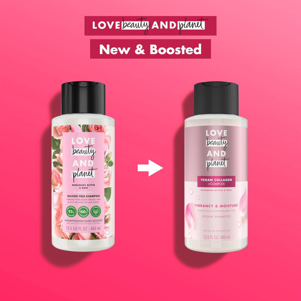 Love Beauty And Planet Vegan Collagen Moisture Shampoo Murumuru Butter & Rose — Pack of 4, 13.5 oz for Color-Treated Hair