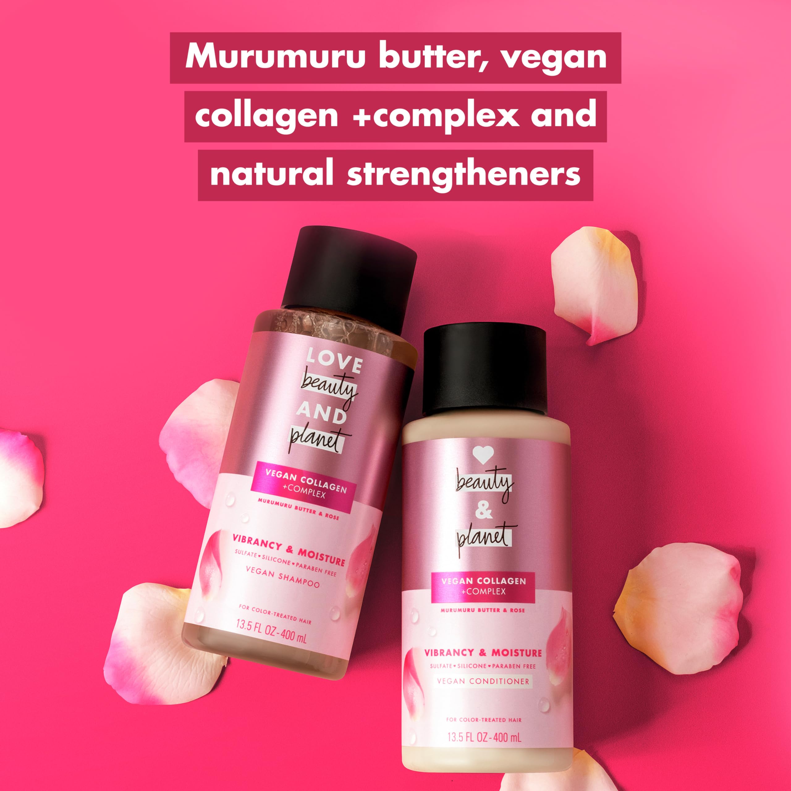 Love Beauty And Planet Vegan Collagen Moisture Shampoo Murumuru Butter & Rose — Pack of 4, 13.5 oz for Color-Treated Hair