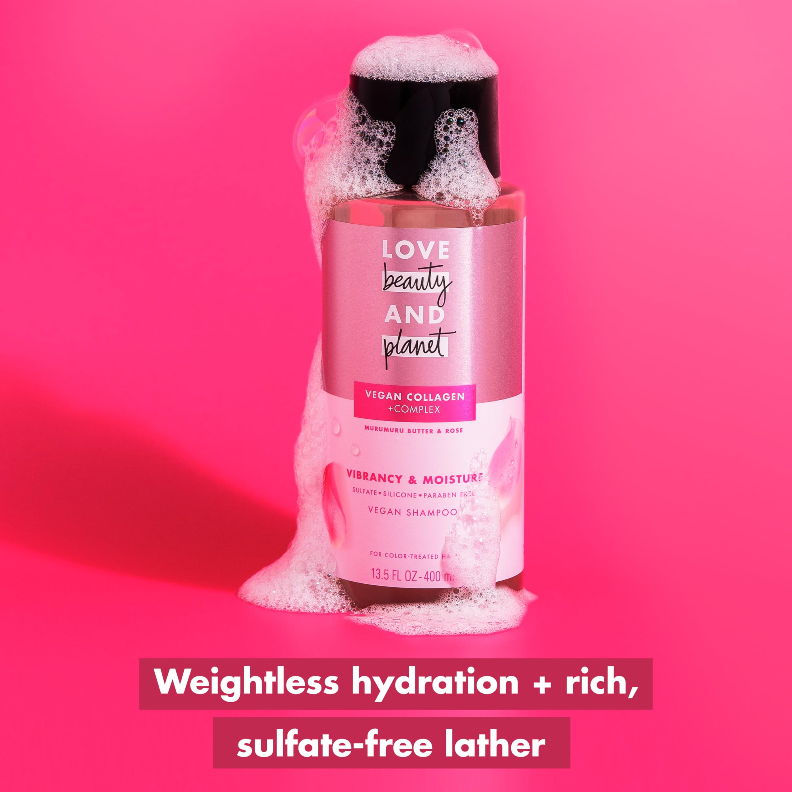Love Beauty And Planet Vegan Collagen Moisture Shampoo Murumuru Butter & Rose — Pack of 4, 13.5 oz for Color-Treated Hair