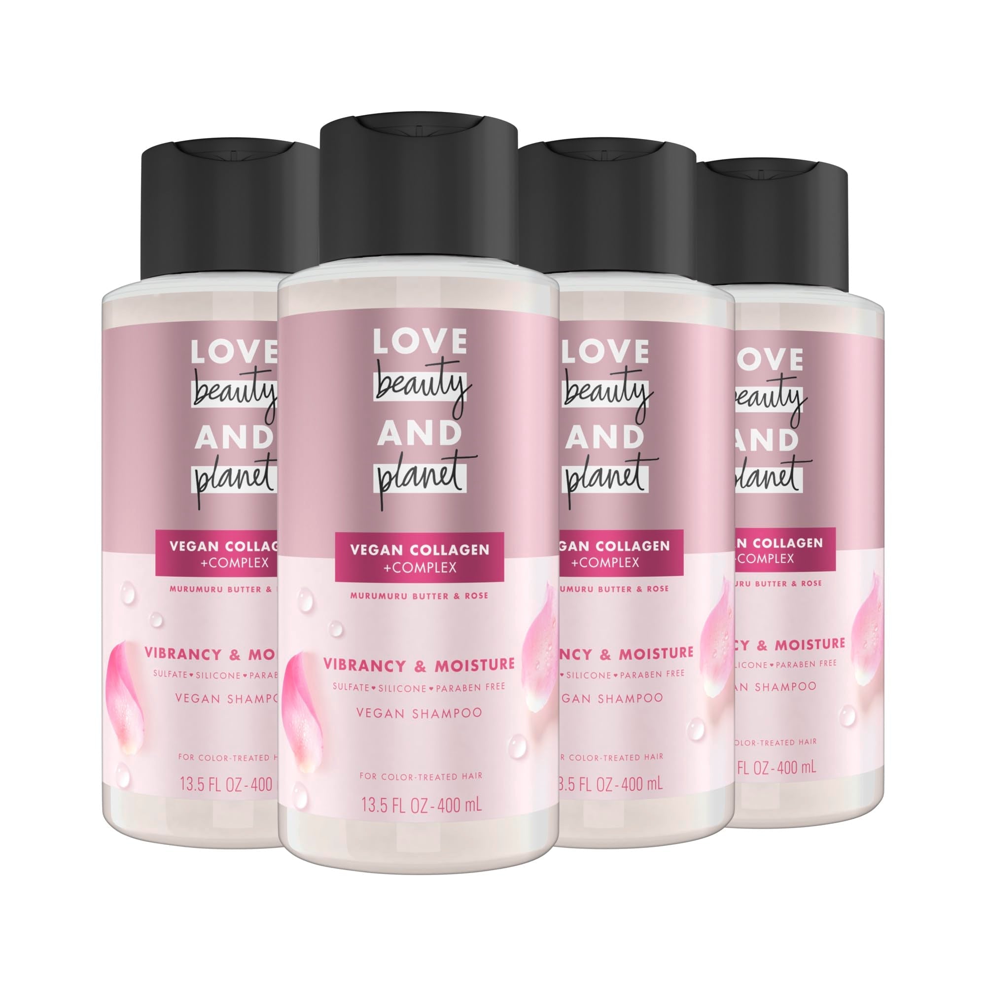 Love Beauty And Planet Vegan Collagen Moisture Shampoo Murumuru Butter & Rose — Pack of 4, 13.5 oz for Color-Treated Hair