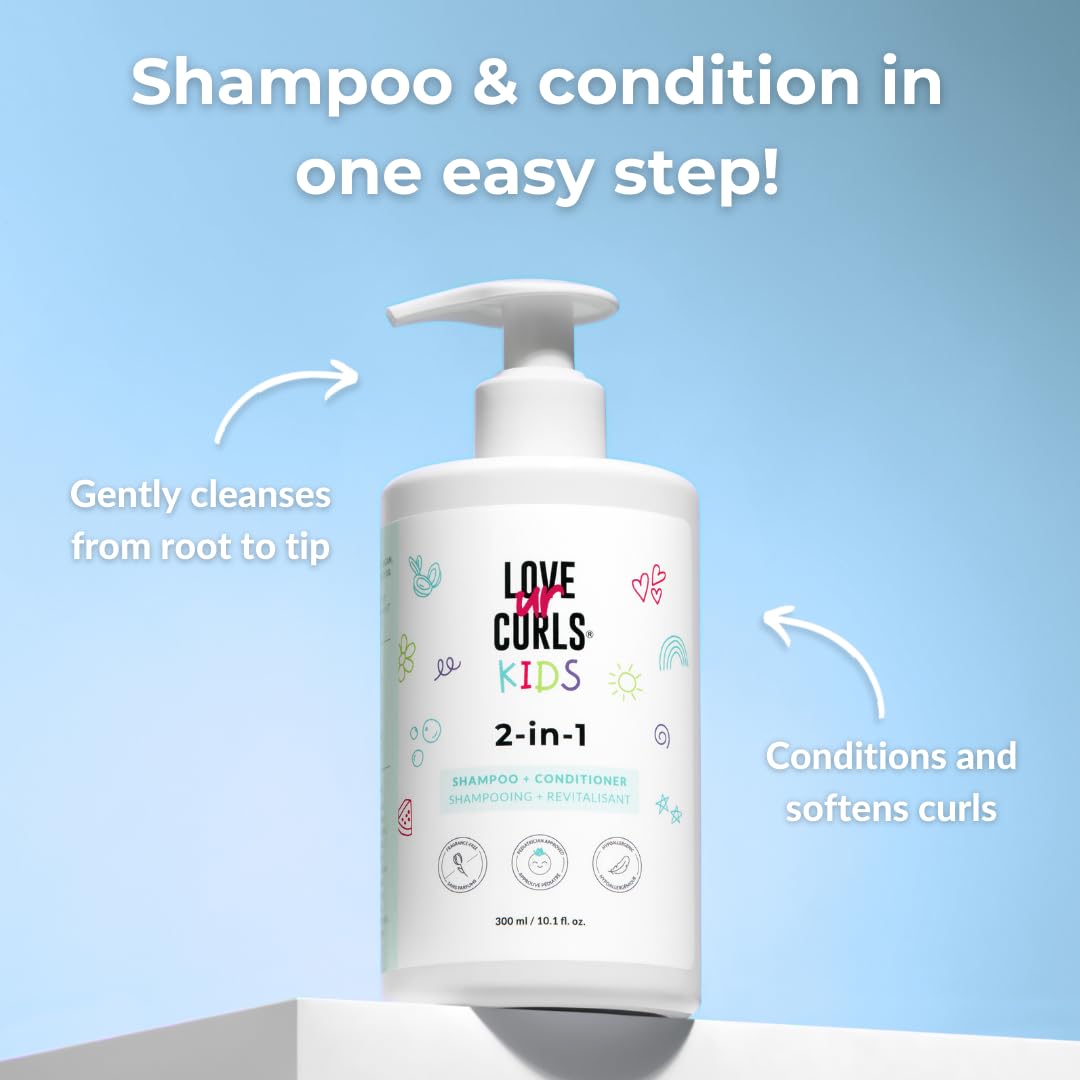 Love Ur Curls Kids LUCK 2in1 Shampoo & Conditioner – Fragrance Free, Tear Free, Pediatrician Approved, Sulfate & Paraben Free, 300 mL