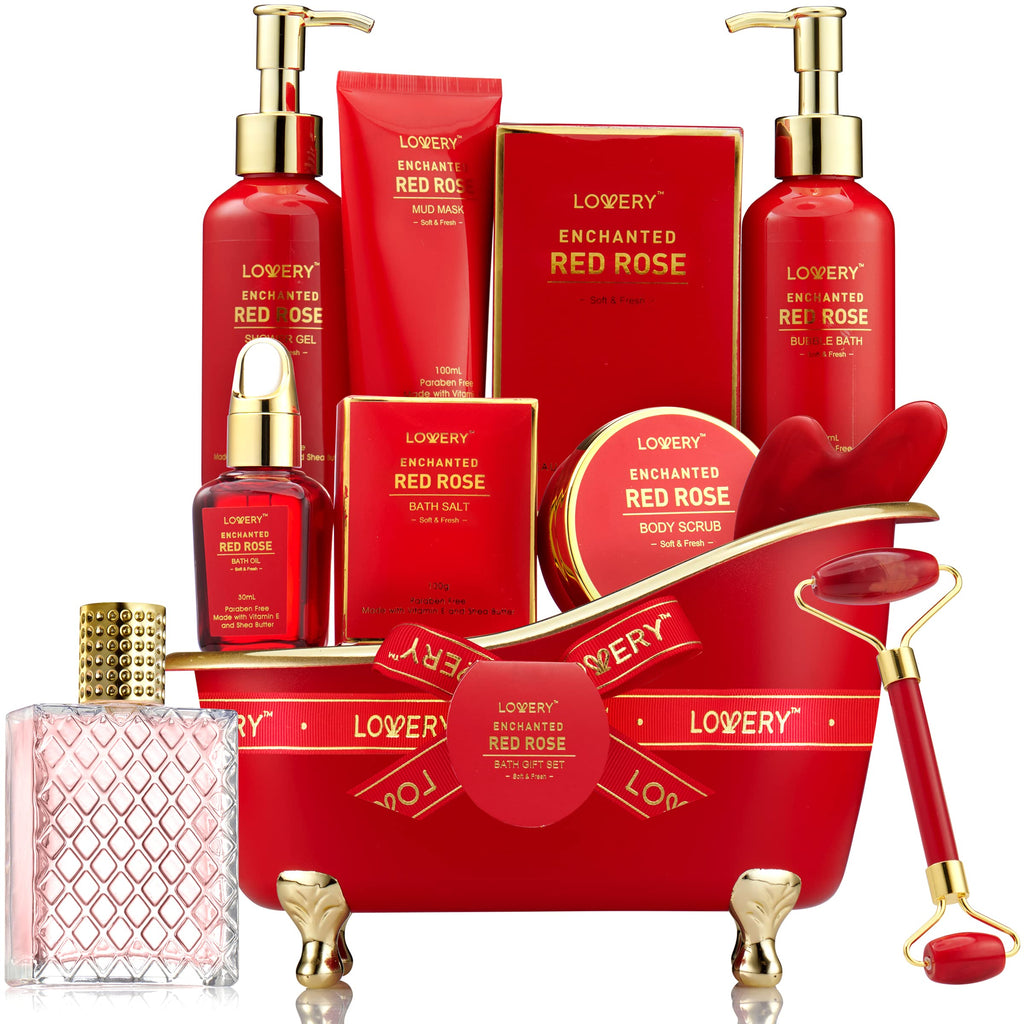LOVERY Valentines Day Gifts for Her – Red Rose Spa Gift Set with Perfume, Jade Roller & Gua Sha