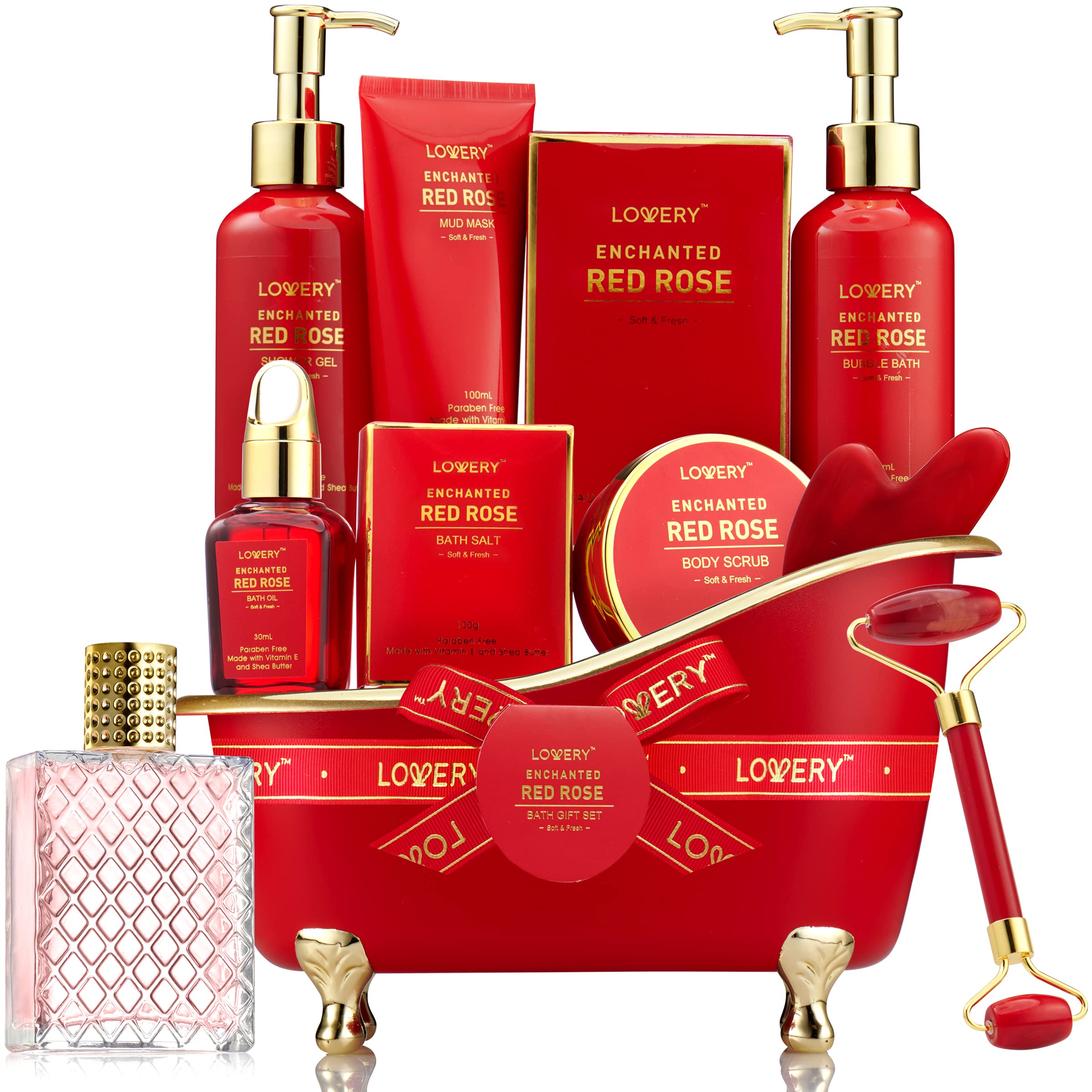 LOVERY Valentines Day Gifts for Her – Red Rose Spa Gift Set with Perfume, Jade Roller & Gua Sha