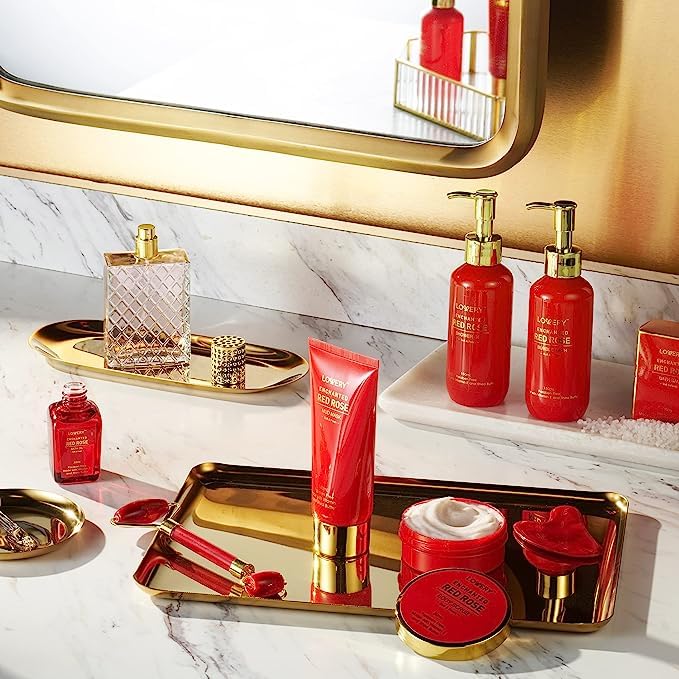LOVERY Valentines Day Gifts for Her – Red Rose Spa Gift Set with Perfume, Jade Roller & Gua Sha