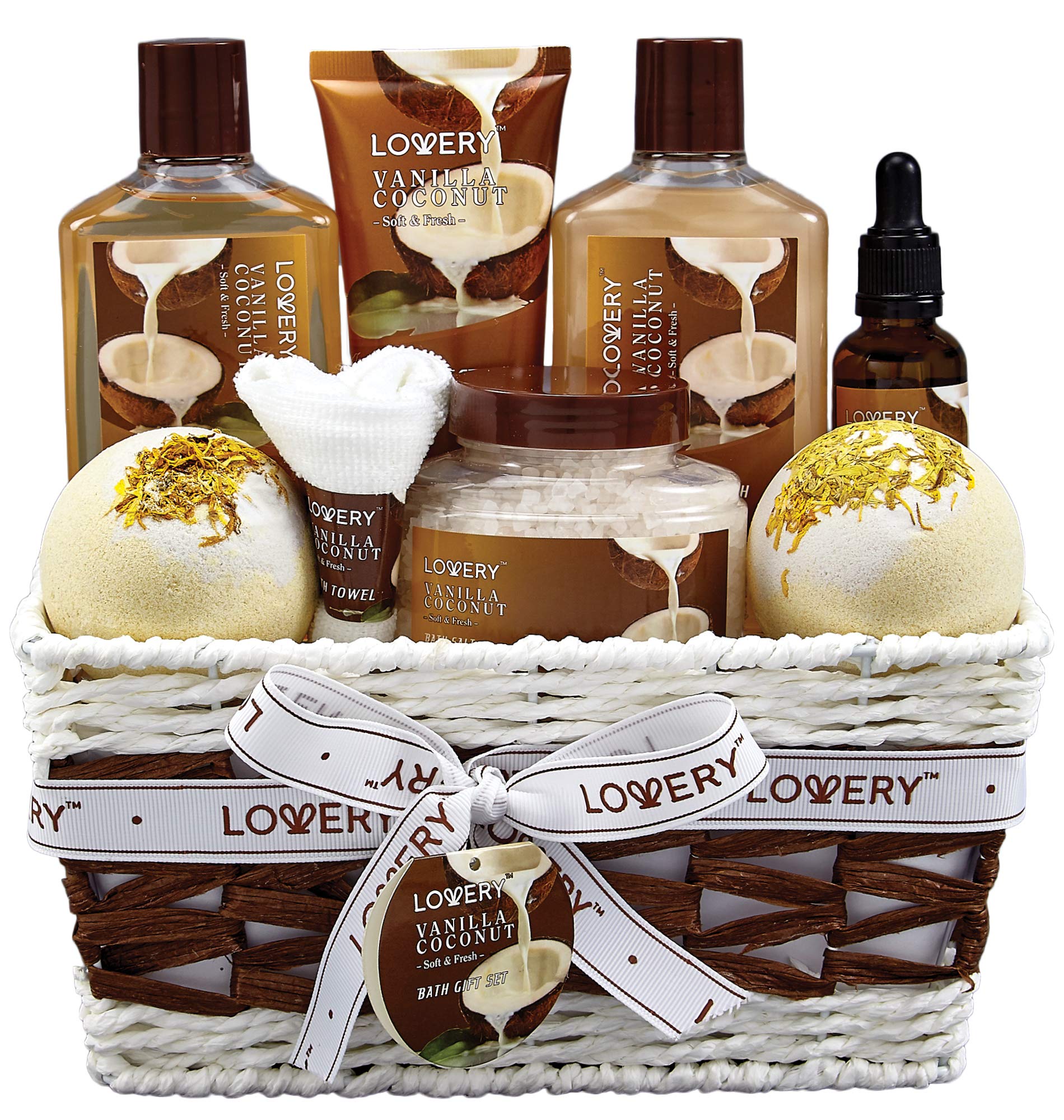 LOVERY 9-Piece Vanilla Coconut Spa Gift Basket for Women – Luxurious Bath & Body Set