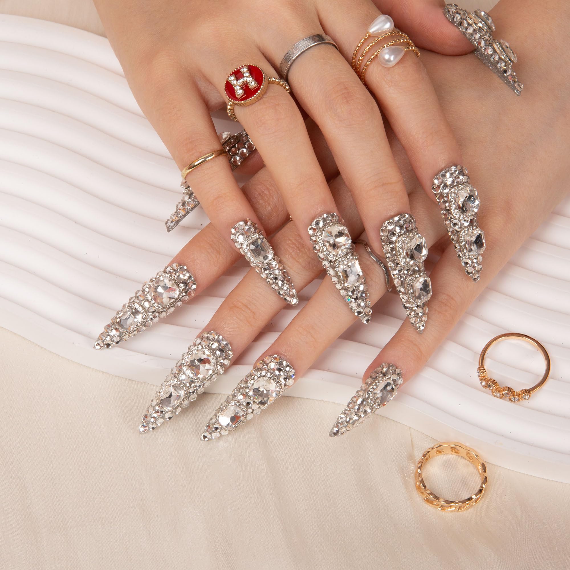 LOVFUL Press on Nails Silver Majesty | Handmade Full-Cover Crystals, Reusable Stiletto Nails