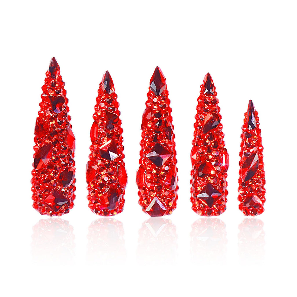 LOVFUL Flaming Luxury Red Stiletto Press-On Nails – Full Crystal, Reusable, 1.7in Mid Length
