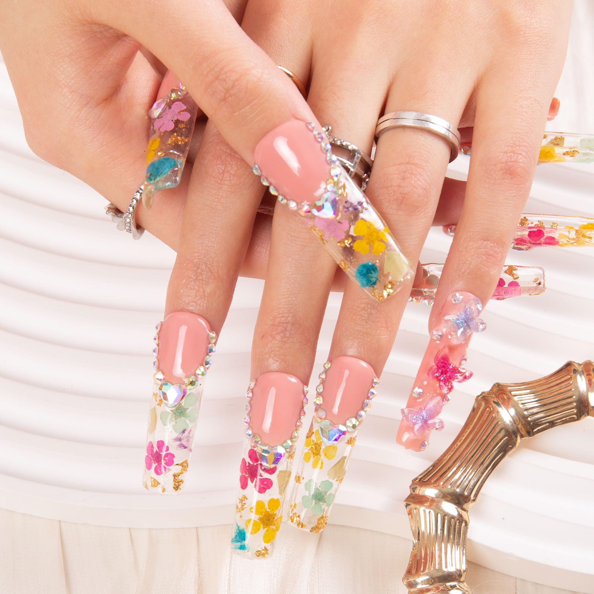 LOVFUL Flora Press-On Nails | Handmade with Full Crystal Coverage, Reusable, Square Mid Length 1.7in
