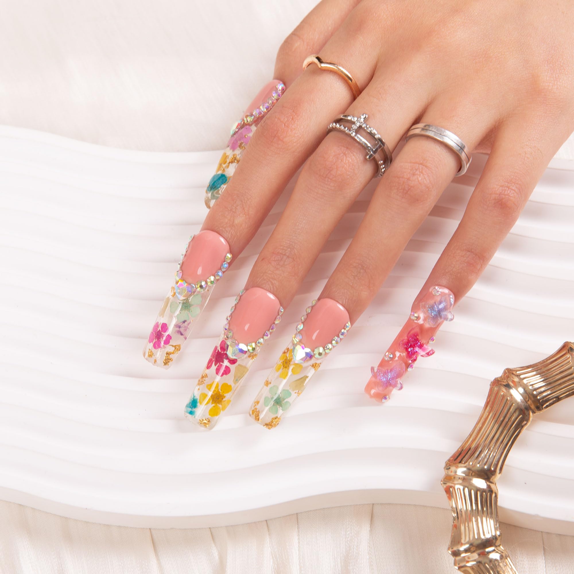 LOVFUL Flora Press-On Nails | Handmade with Full Crystal Coverage, Reusable, Square Mid Length 1.7in