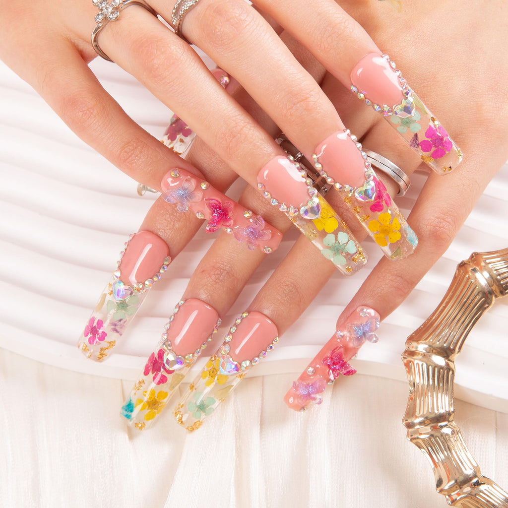 LOVFUL Flora Press-On Nails | Handmade with Full Crystal Coverage, Reusable, Square Mid Length 1.7in