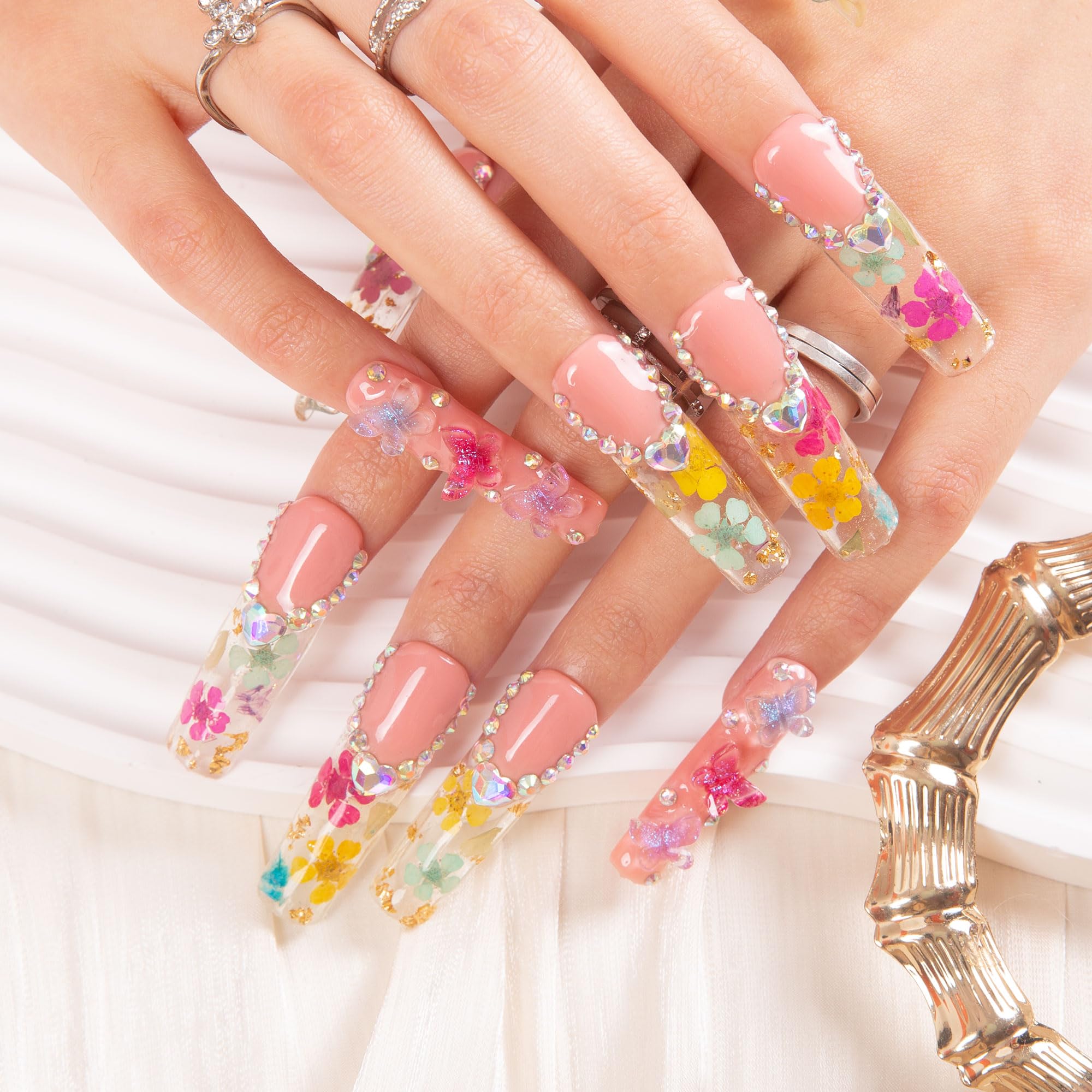 LOVFUL Flora Press-On Nails | Handmade with Full Crystal Coverage, Reusable, Square Mid Length 1.7in