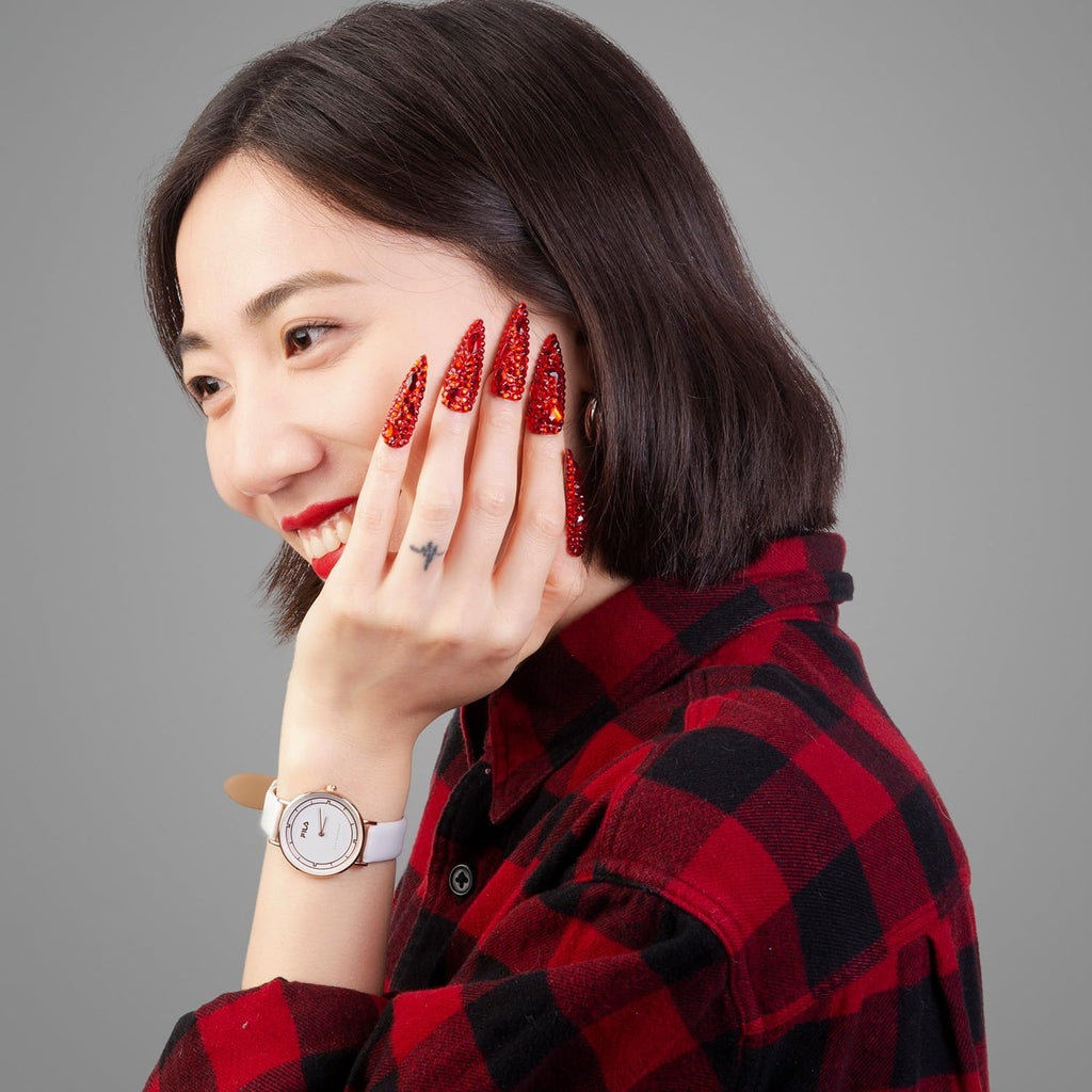 LOVFUL Flaming Luxury Red Stiletto Press-On Nails – Full Crystal, Reusable, 1.7in Mid Length
