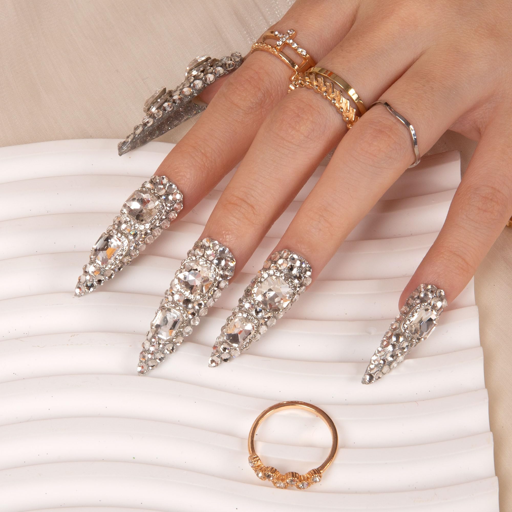 LOVFUL Press on Nails Silver Majesty | Handmade Full-Cover Crystals, Reusable Stiletto Nails
