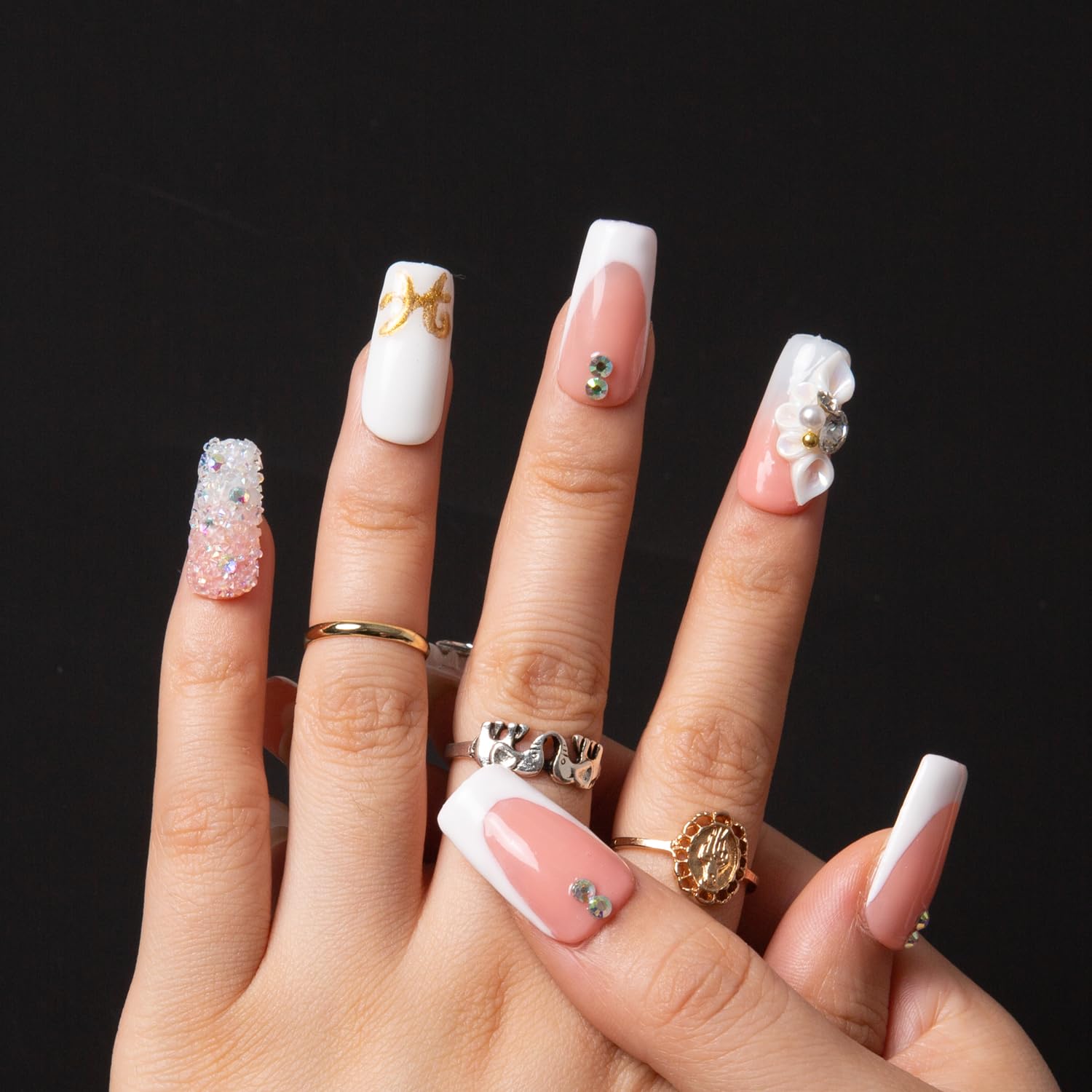 LOVFUL Press on Nails: Only You French Tip – Handmade with Full Crystals, Reusable Square 1.0 in