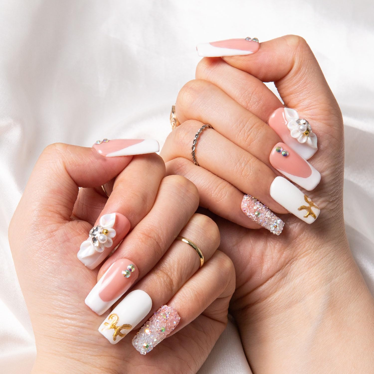 LOVFUL Press on Nails: Only You French Tip – Handmade with Full Crystals, Reusable Square 1.0 in