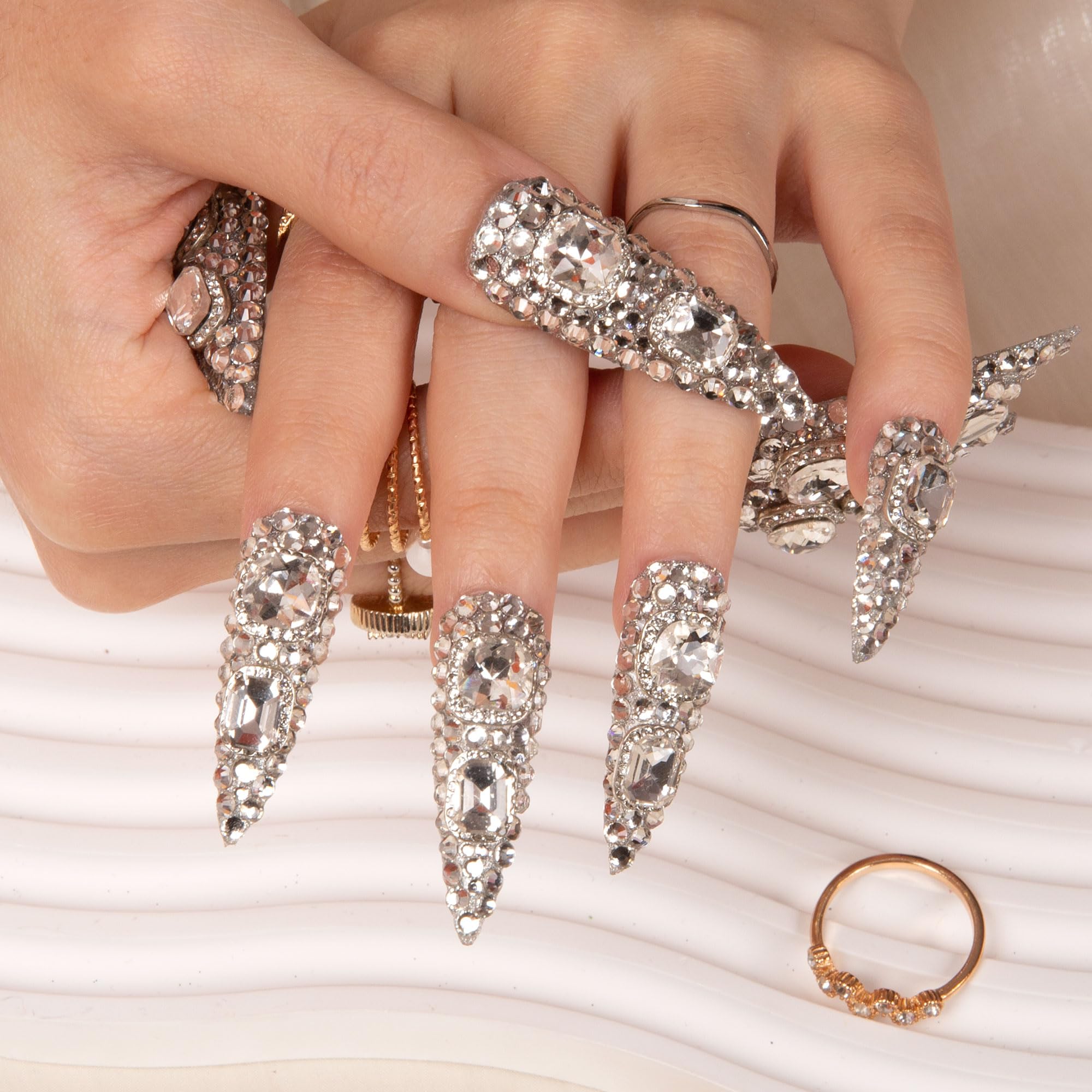 LOVFUL Press on Nails Silver Majesty | Handmade Full-Cover Crystals, Reusable Stiletto Nails