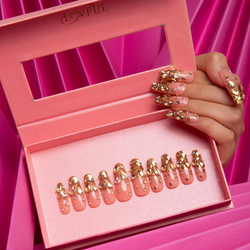 LOVFUL Press on Nails Stardust Gold Rhinestone – Reusable Full Cover Coffin Nails 1.3 in | Handmade