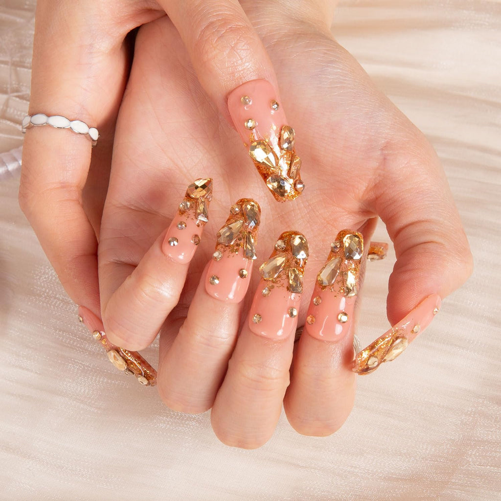LOVFUL Press on Nails Stardust Gold Rhinestone – Reusable Full Cover Coffin Nails 1.3 in | Handmade