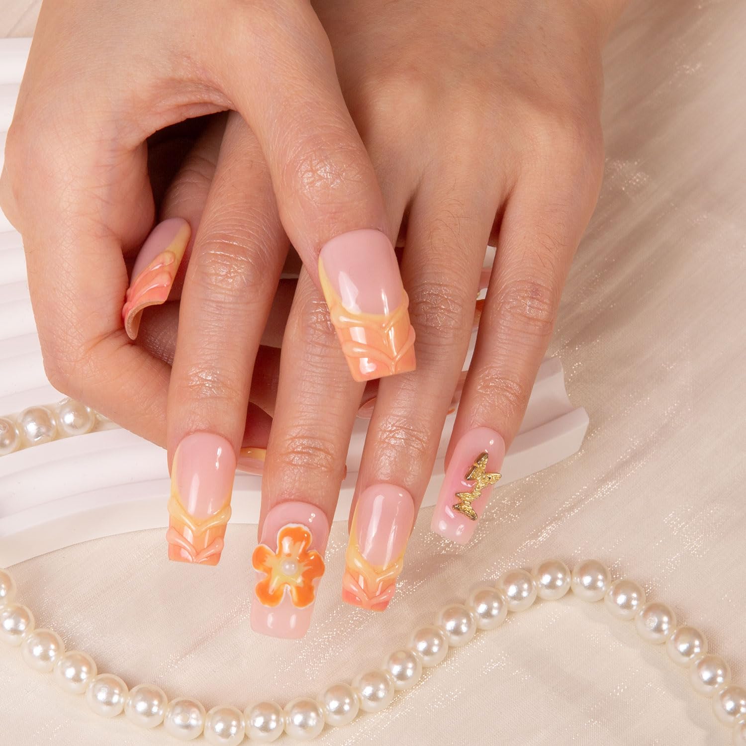 LOVFUL Tropical Fantasy Press on Nails – Handmade Full-Covered Crystals, Reusable Square 1.0 in