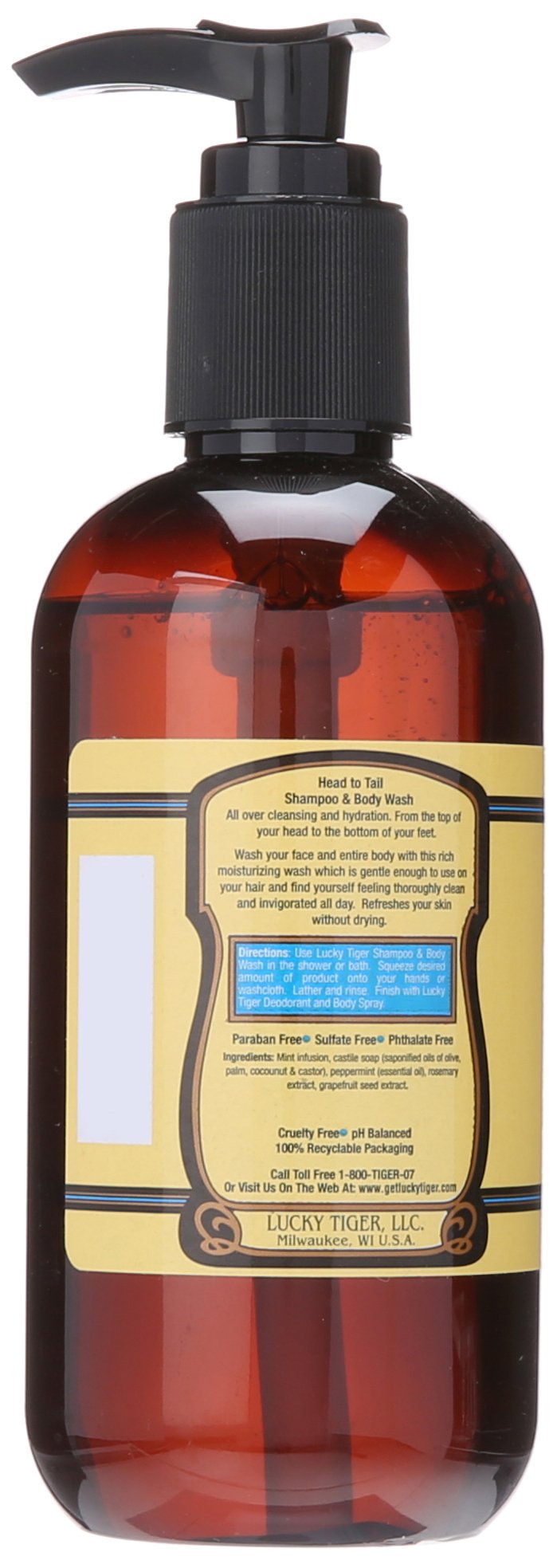 Lucky Tiger Shampoo & Body Wash, 8 Oz – Organic Peppermint All-in-One Cleanser