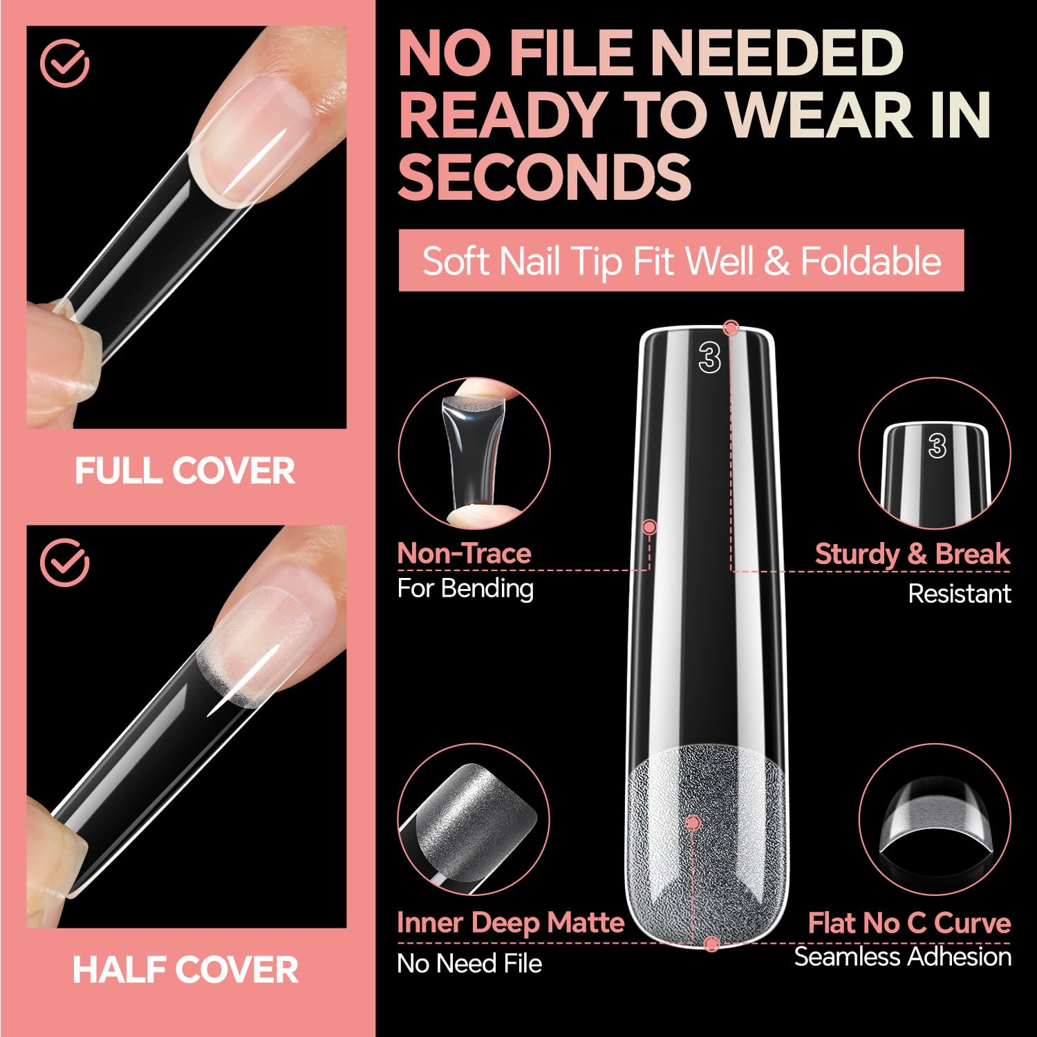 Luckyfairy XXL No C Curve Square Flat Nail Tips - 240pcs, 12 Sizes, Matte Clear