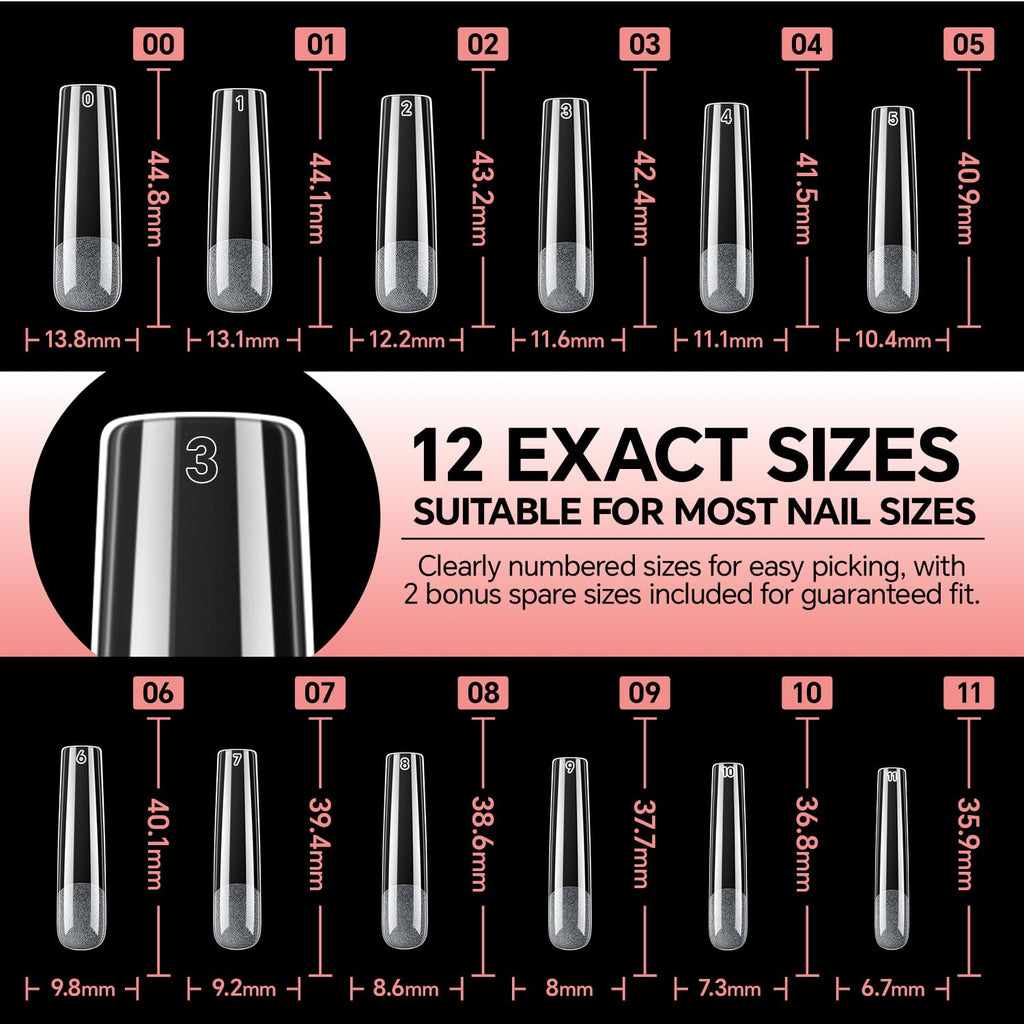 Luckyfairy XXL No C Curve Square Flat Nail Tips - 240pcs, 12 Sizes, Matte Clear