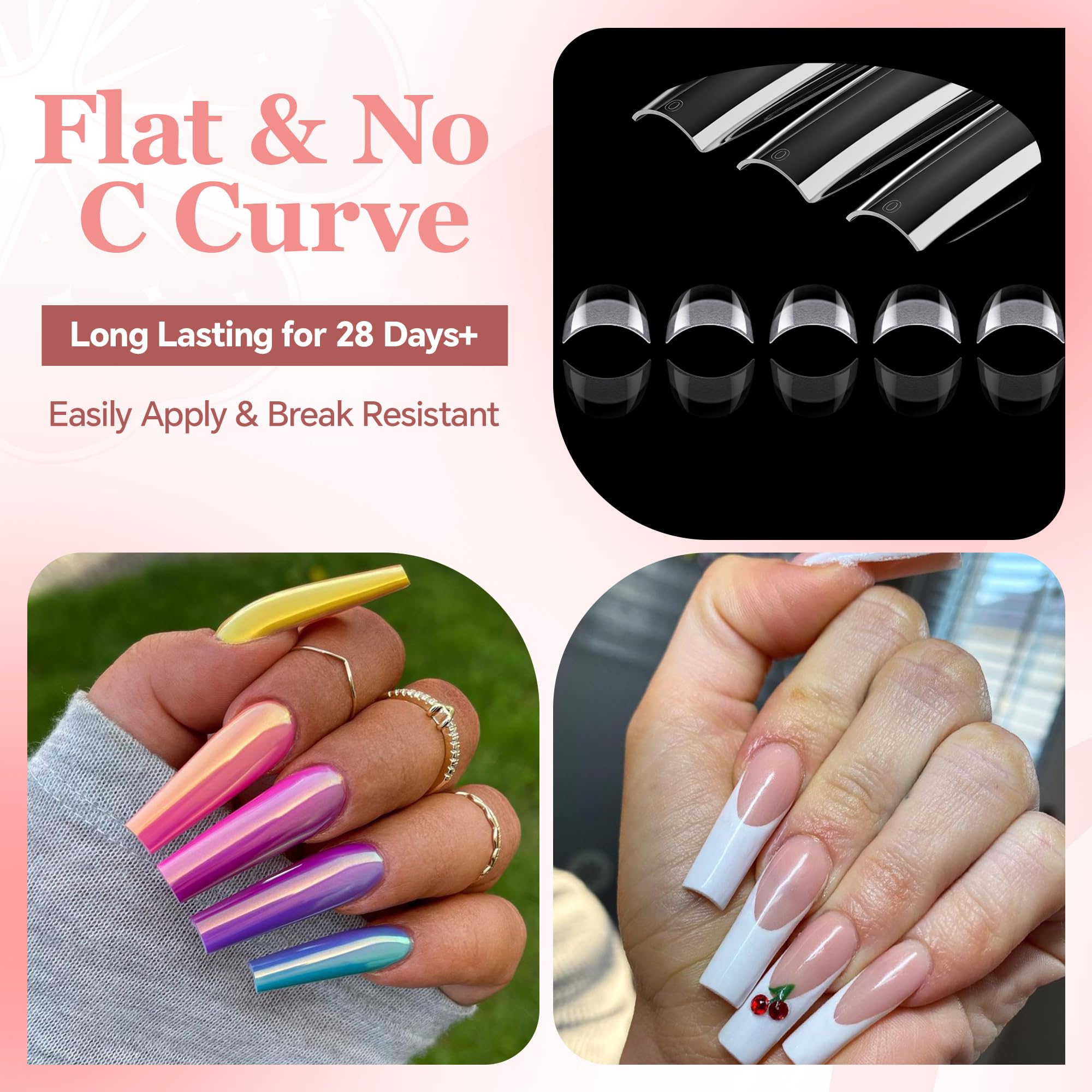 Luckyfairy XXL No C Curve Square Flat Nail Tips - 240pcs, 12 Sizes, Matte Clear