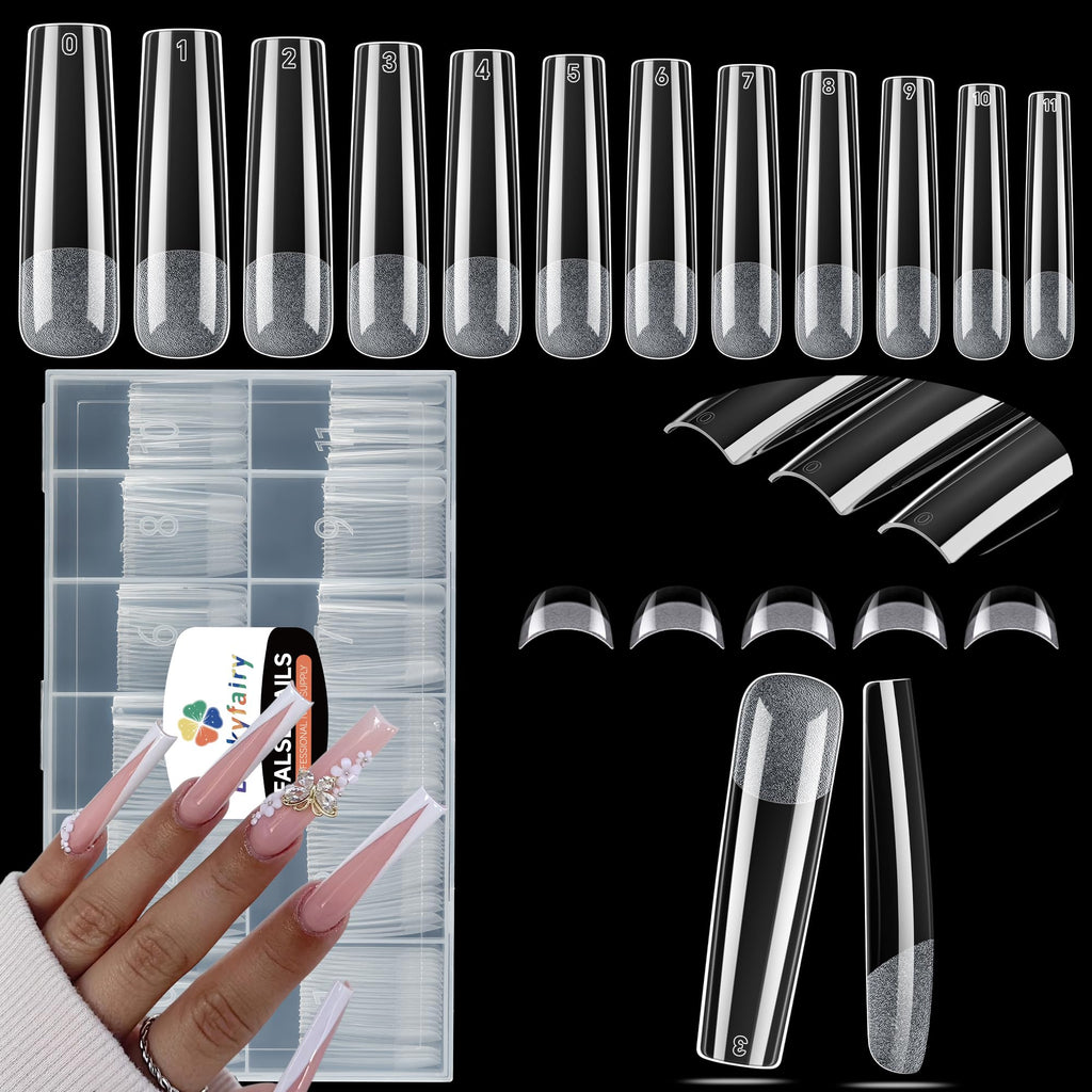 Luckyfairy XXL No C Curve Square Flat Nail Tips - 240pcs, 12 Sizes, Matte Clear