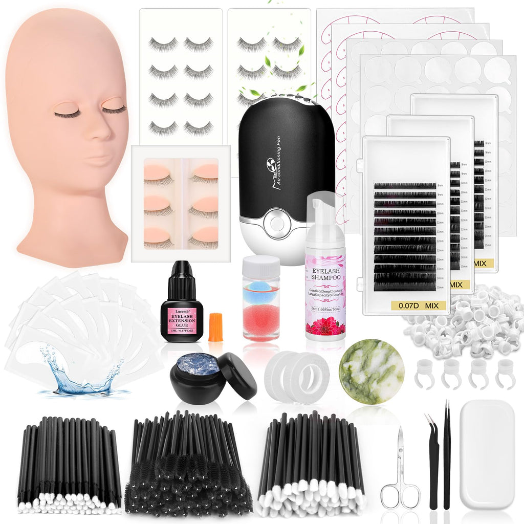 Lucomb Eyelash Extension Kit for Beginners – 345-Piece Practice Set with Mannequin Head
