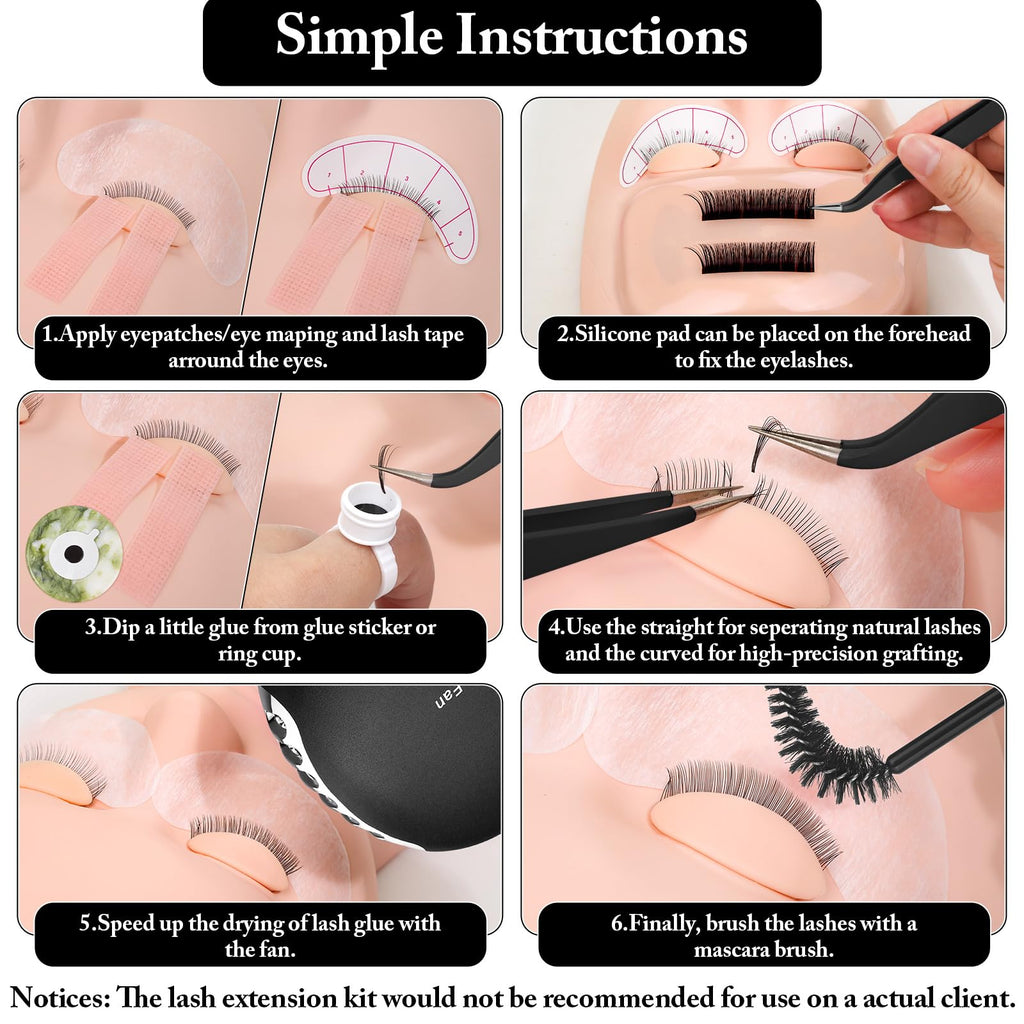 Lucomb Eyelash Extension Kit for Beginners – 345-Piece Practice Set with Mannequin Head
