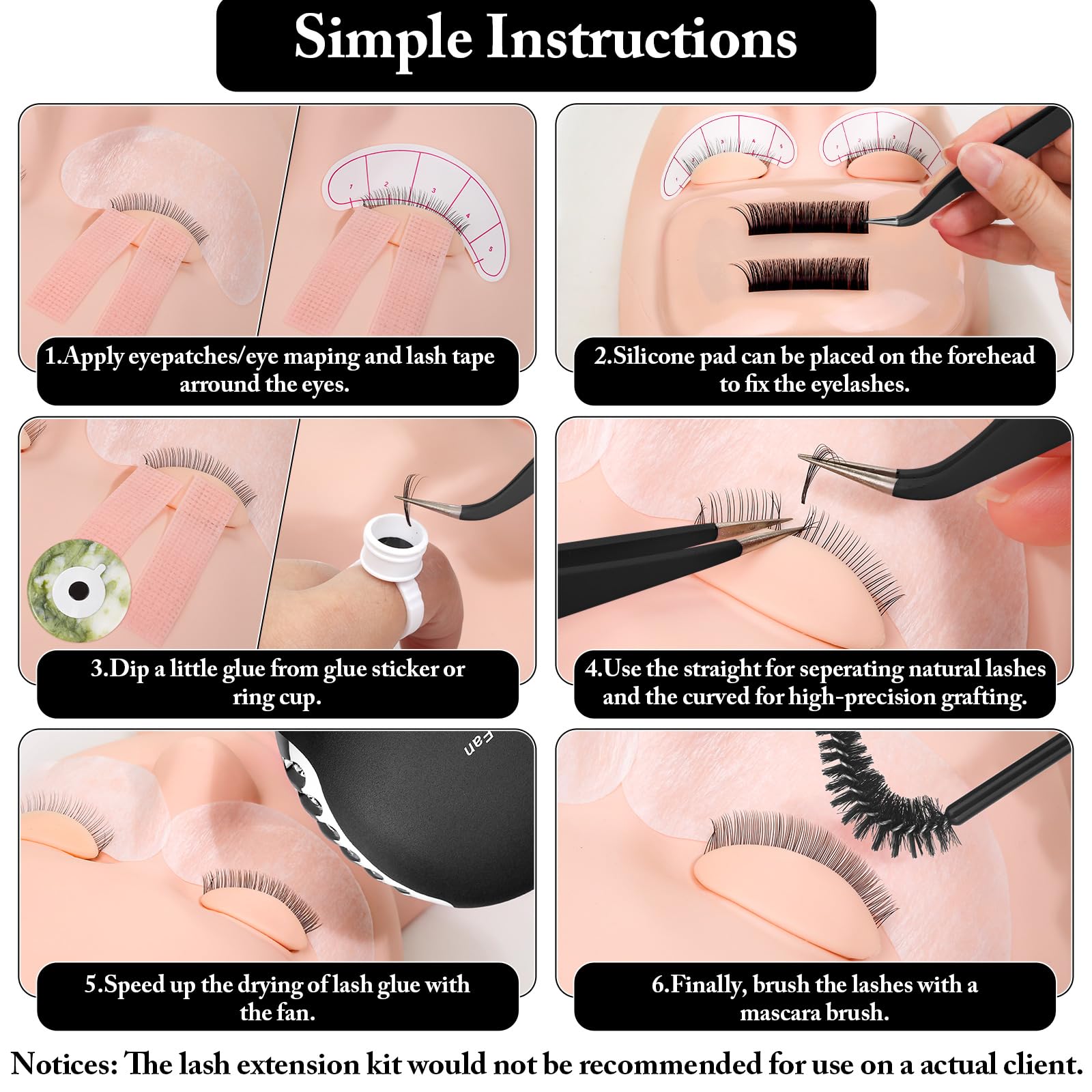 Lucomb Eyelash Extension Kit for Beginners – 345-Piece Practice Set with Mannequin Head