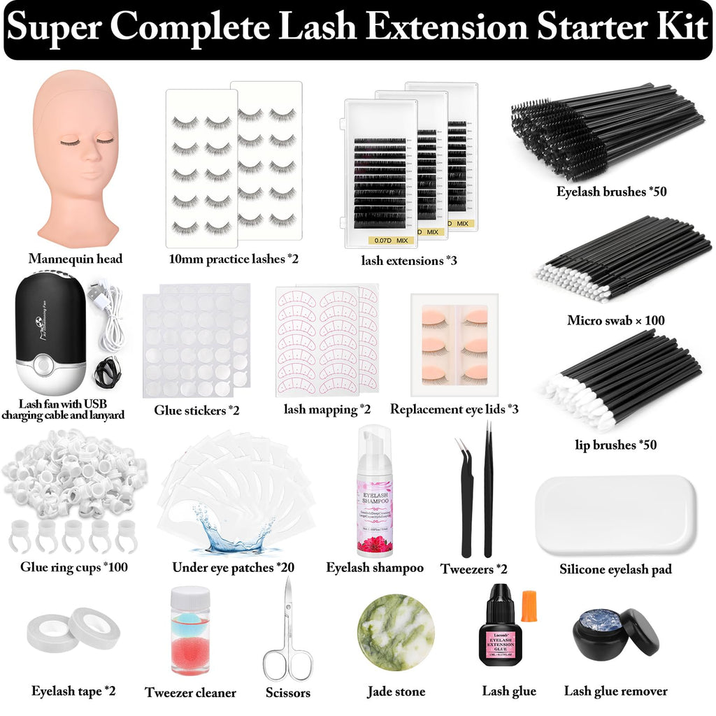 Lucomb Eyelash Extension Kit for Beginners – 345-Piece Practice Set with Mannequin Head