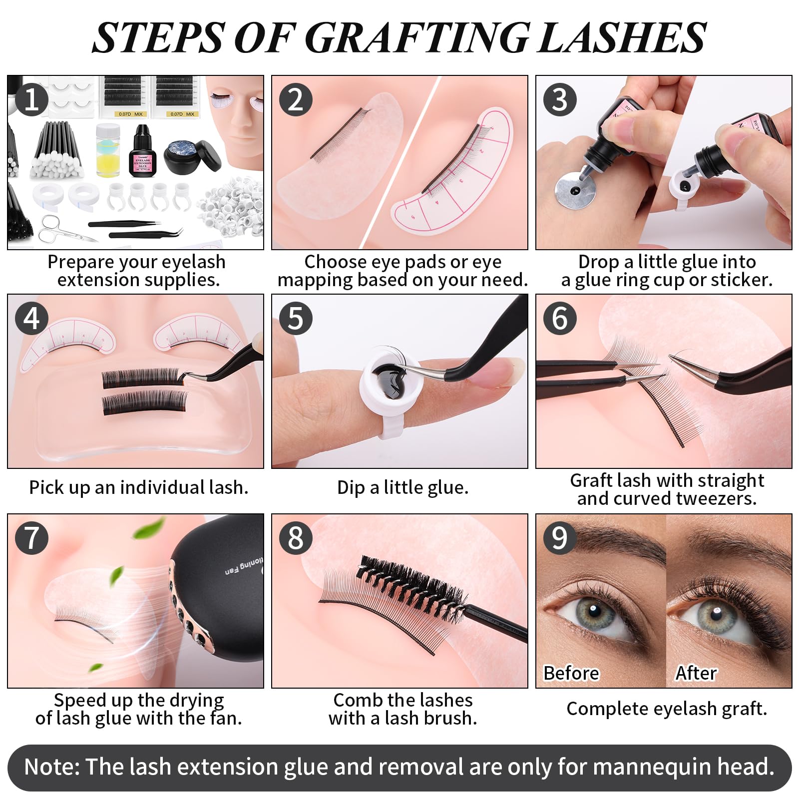 Lucomb Eyelash Training Kit — Complete Practice Set with Mannequin Head