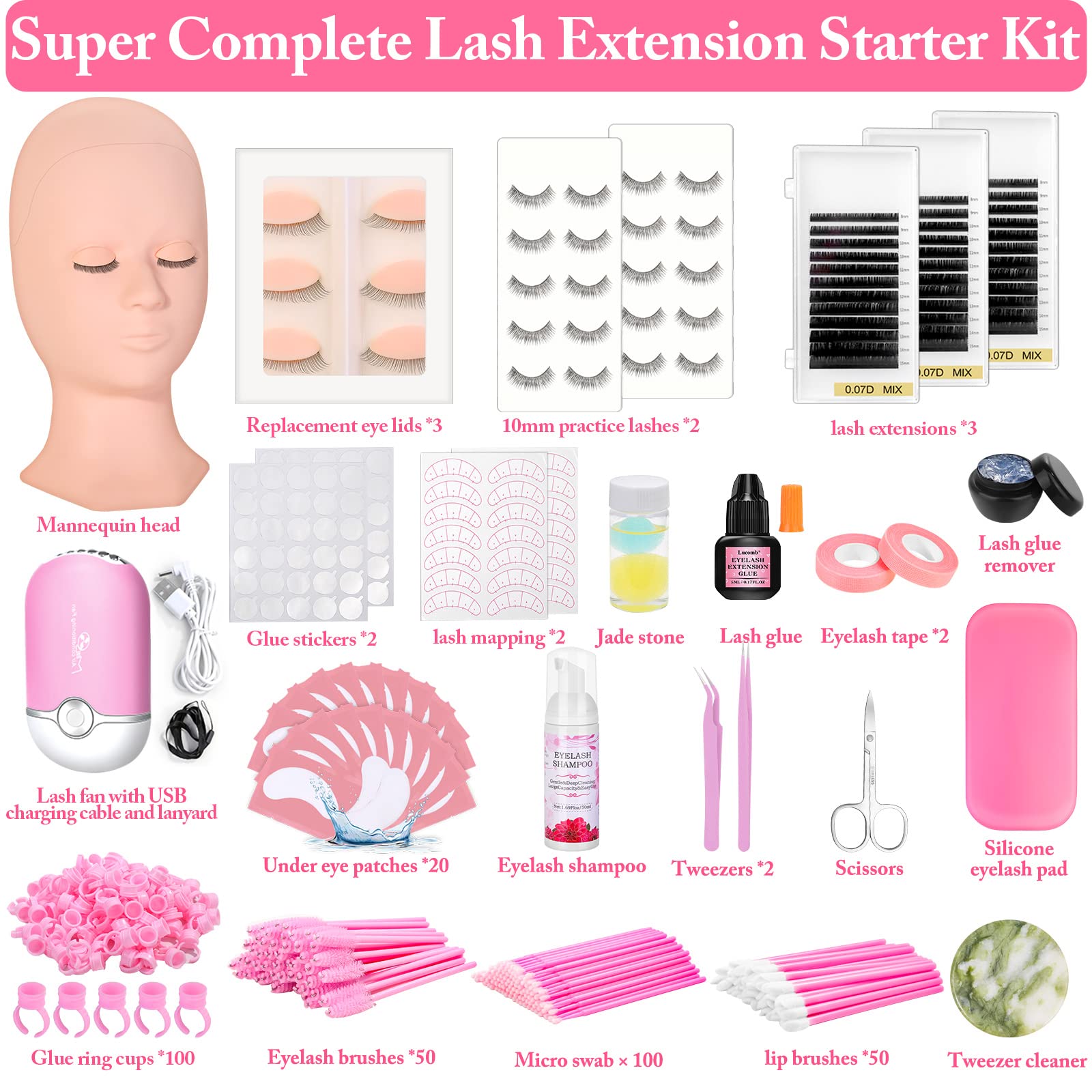 Lucomb Eye Lash Extension Practice Kit – 345 Pcs with Manikin Head & Tools