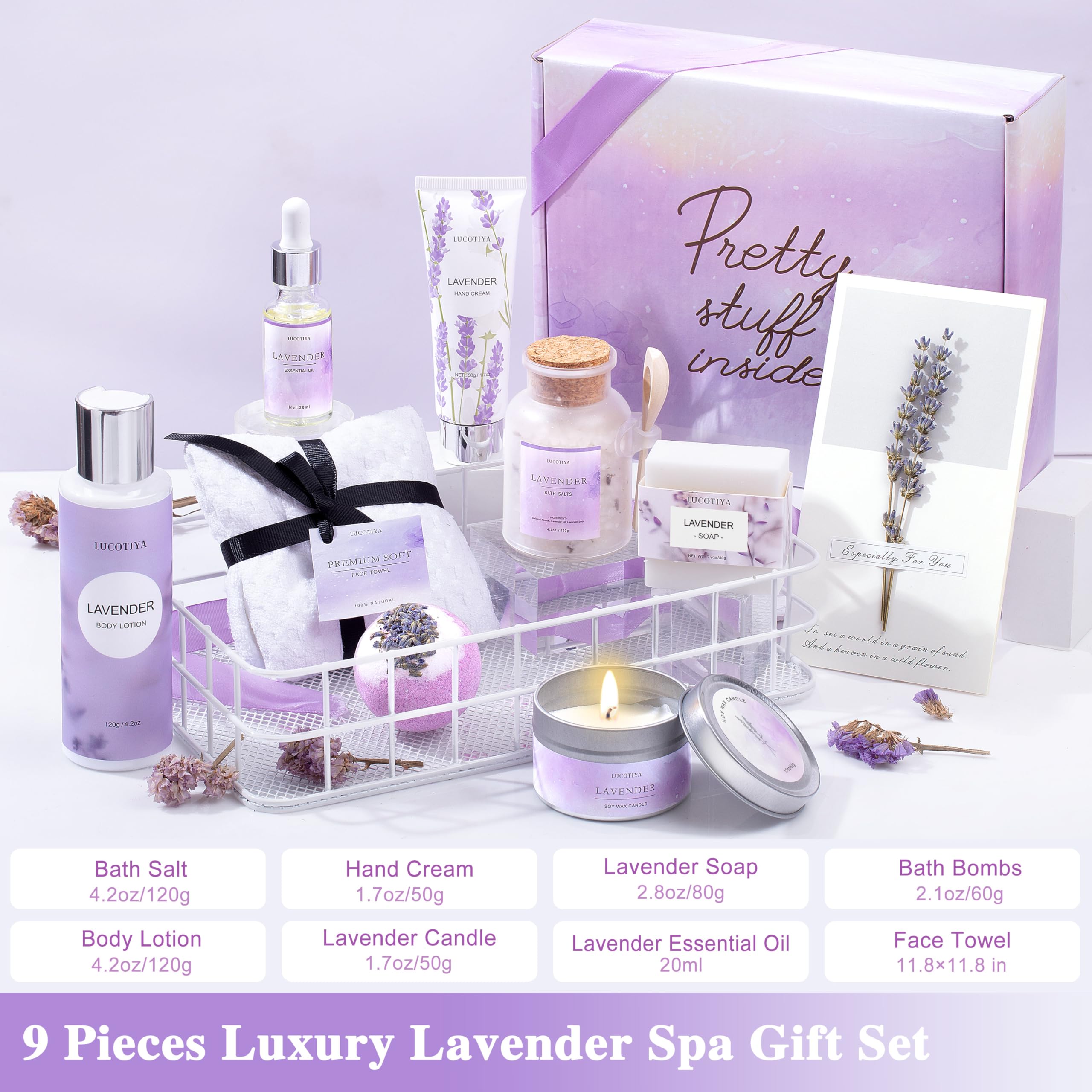 LUCOTIYA Lavender Spa Gift Set – 10-Piece Womens Bath & Body Gift Basket