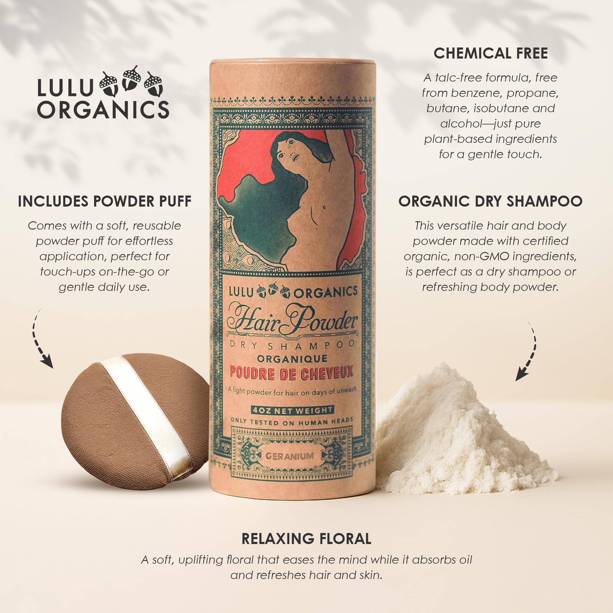 Lulu Organics Dry Shampoo Powder – Non-Aerosol, Talc-Free, Geranium (4oz)