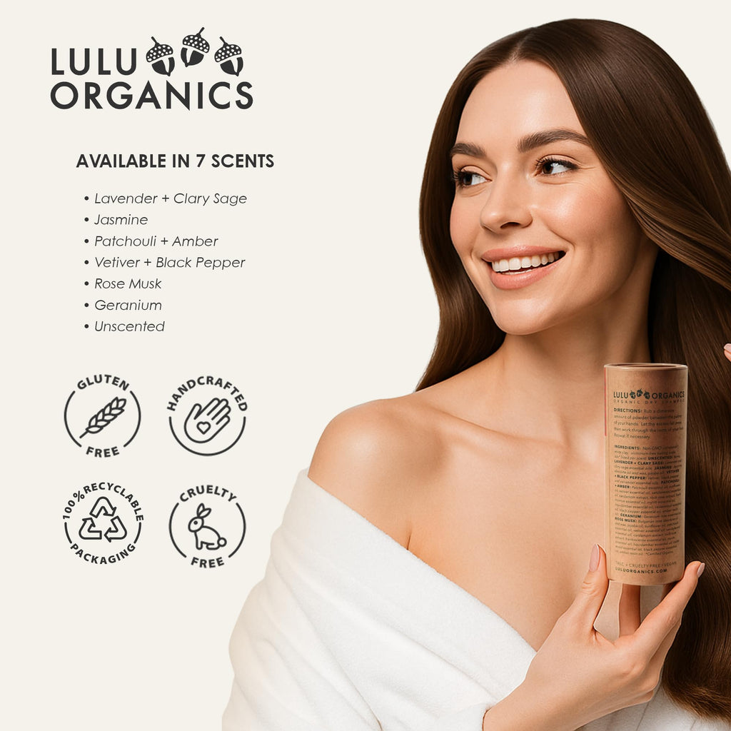 Lulu Organics Dry Shampoo Powder – Non-Aerosol, Talc-Free, Rose Musk | 4oz