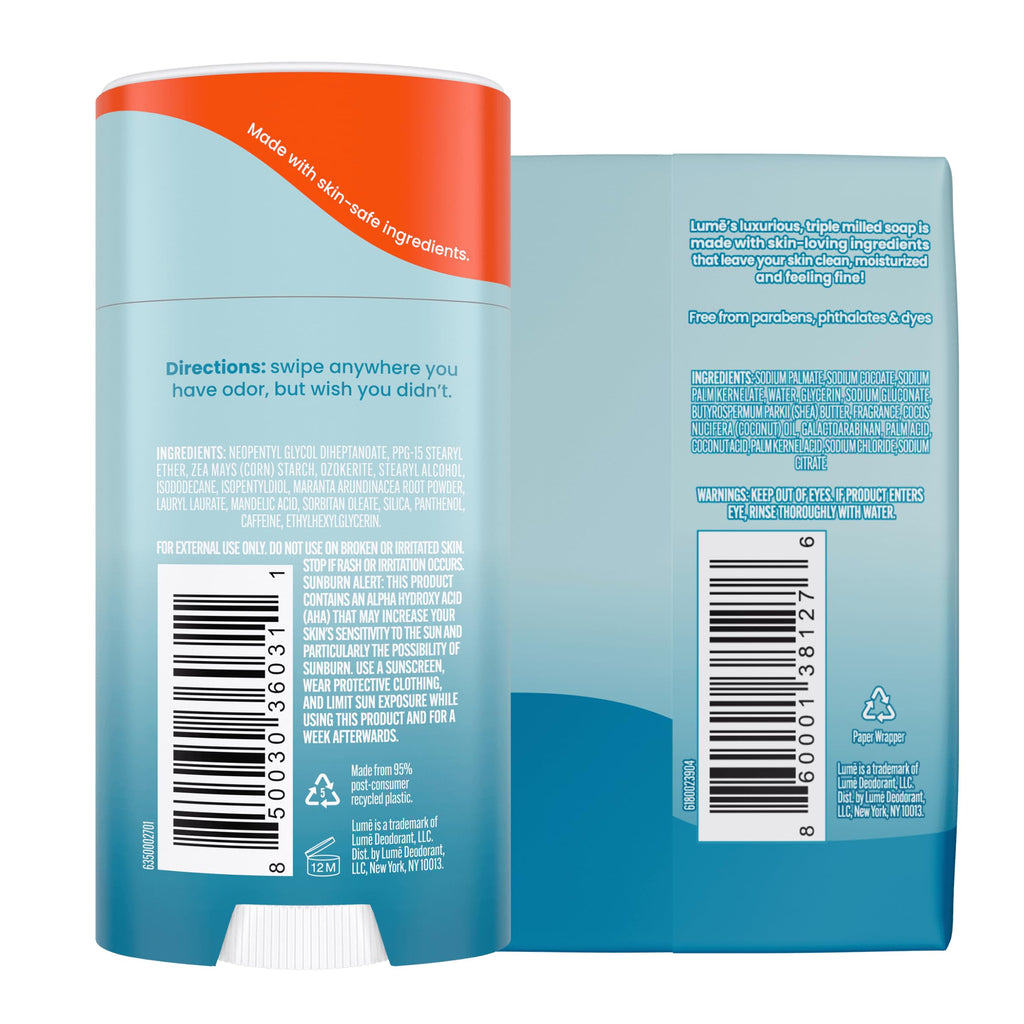 Lume Whole Body Deodorant & Soap Bundle – Unscented, Aluminum & Baking Soda Free