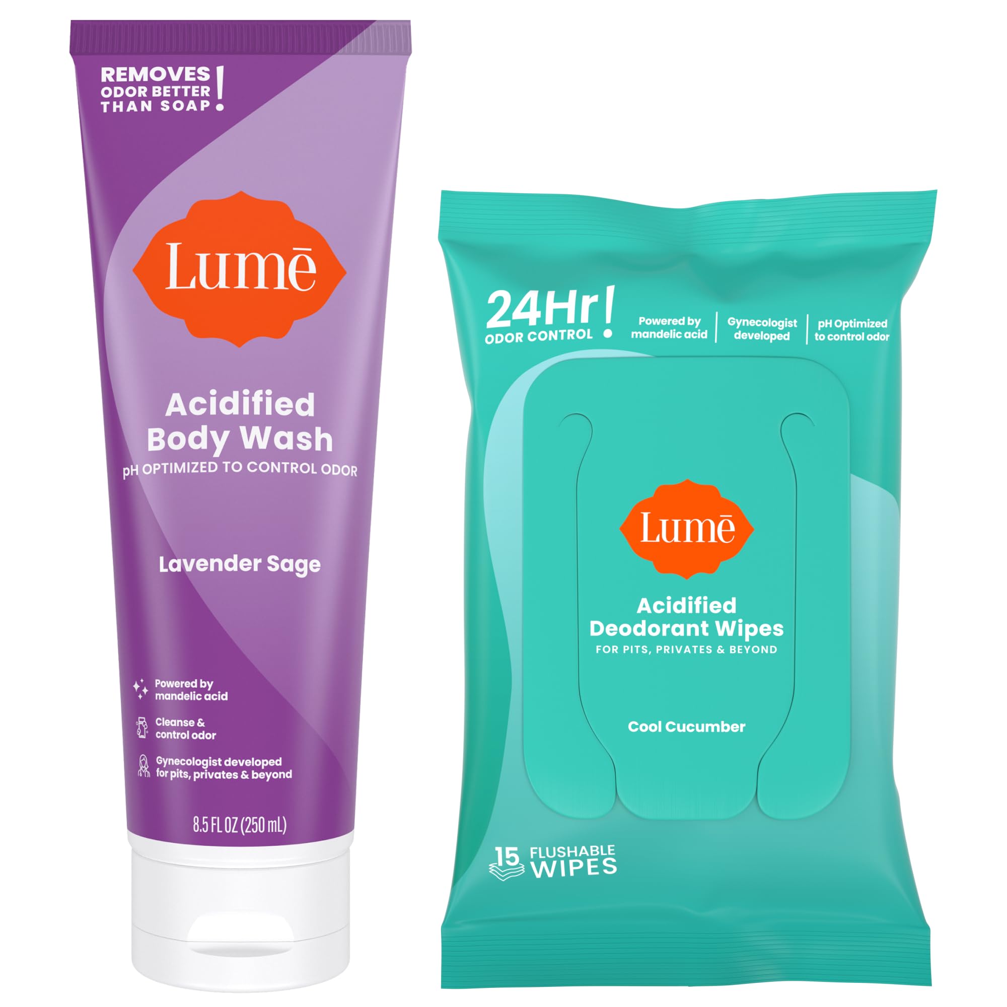 Lume Acidified Body Wash & Flushable Deodorant Wipes — 24-Hour Odor Control | Lavender Sage + Cucumber
