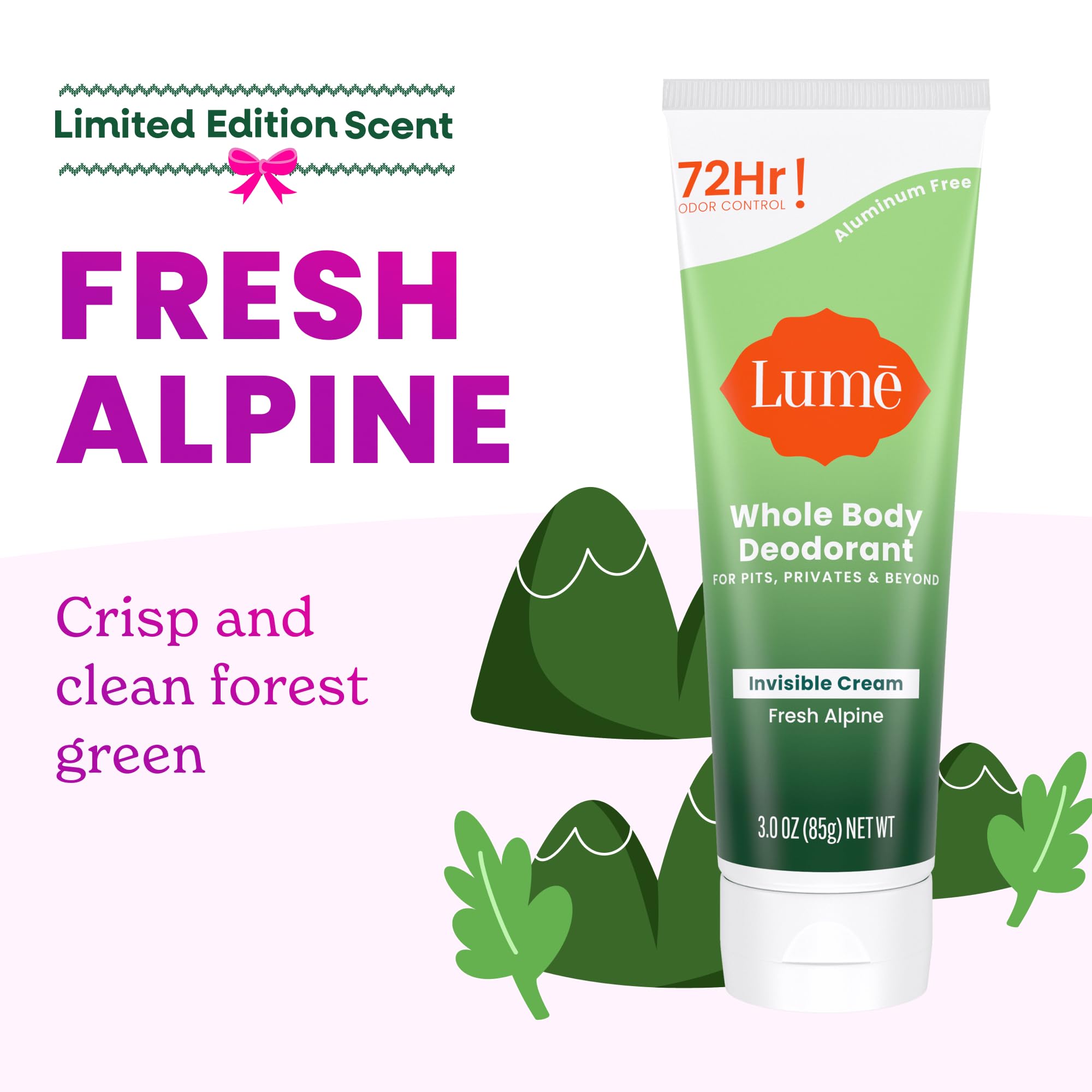 Lume Whole Body Deodorant - Invisible Cream Tube (3 oz) | 72-Hour Odor Control | Aluminum & Baking Soda Free - Fresh Alpine